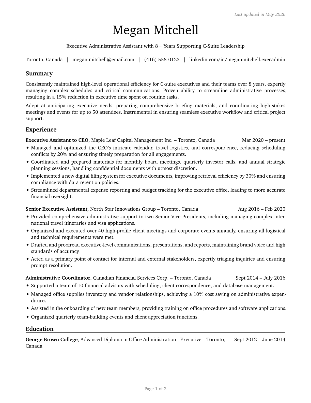 Executive Secretaries and Executive Administrative Assistants CV in English — page 1