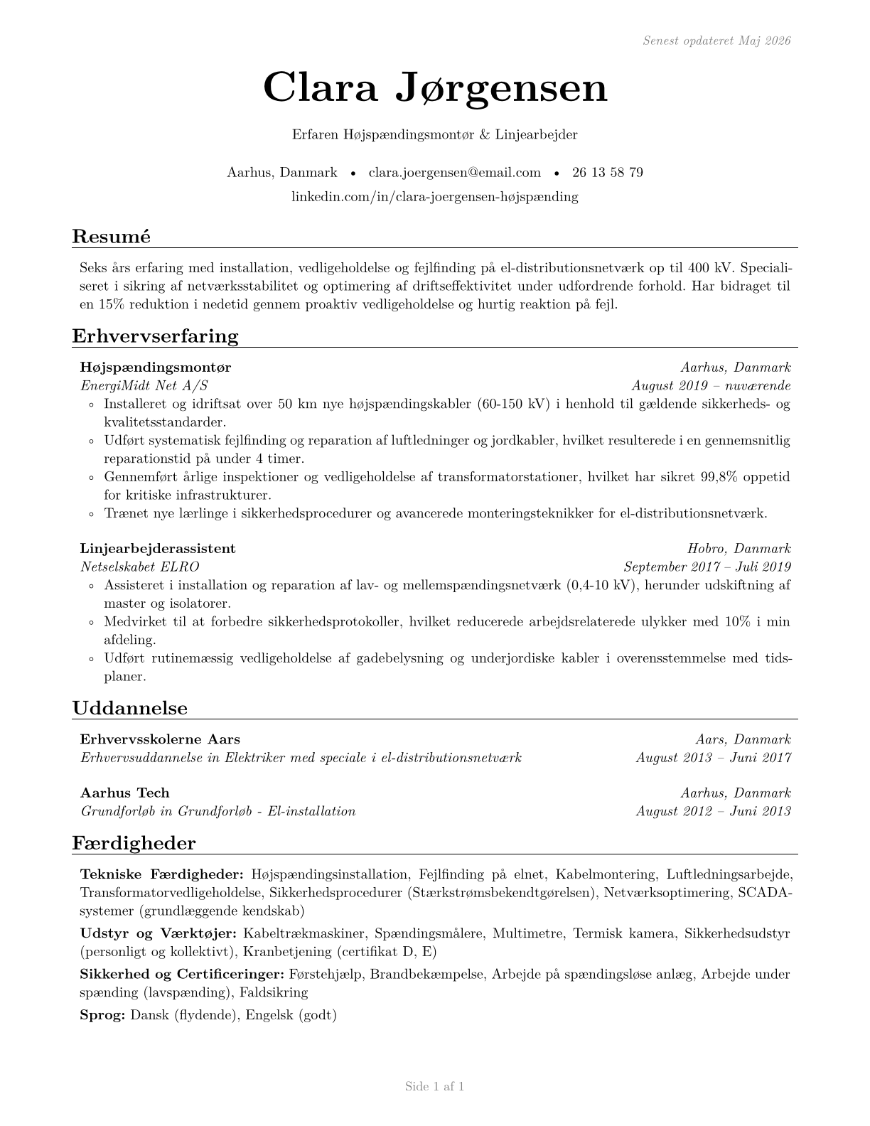Electrical Power-Line Installers and Repairers CV in Danish — page 1