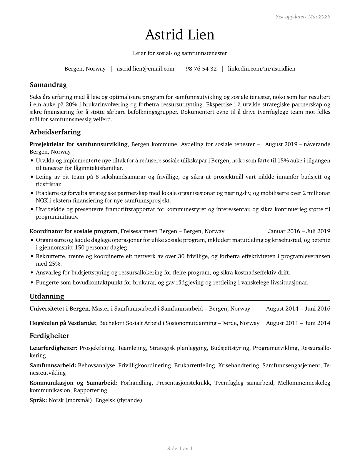 Social and Community Service Managers CV in Norwegian_nynorsk — page 1