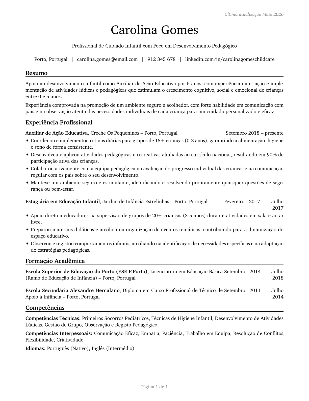 Childcare Workers CV in Portuguese — page 1