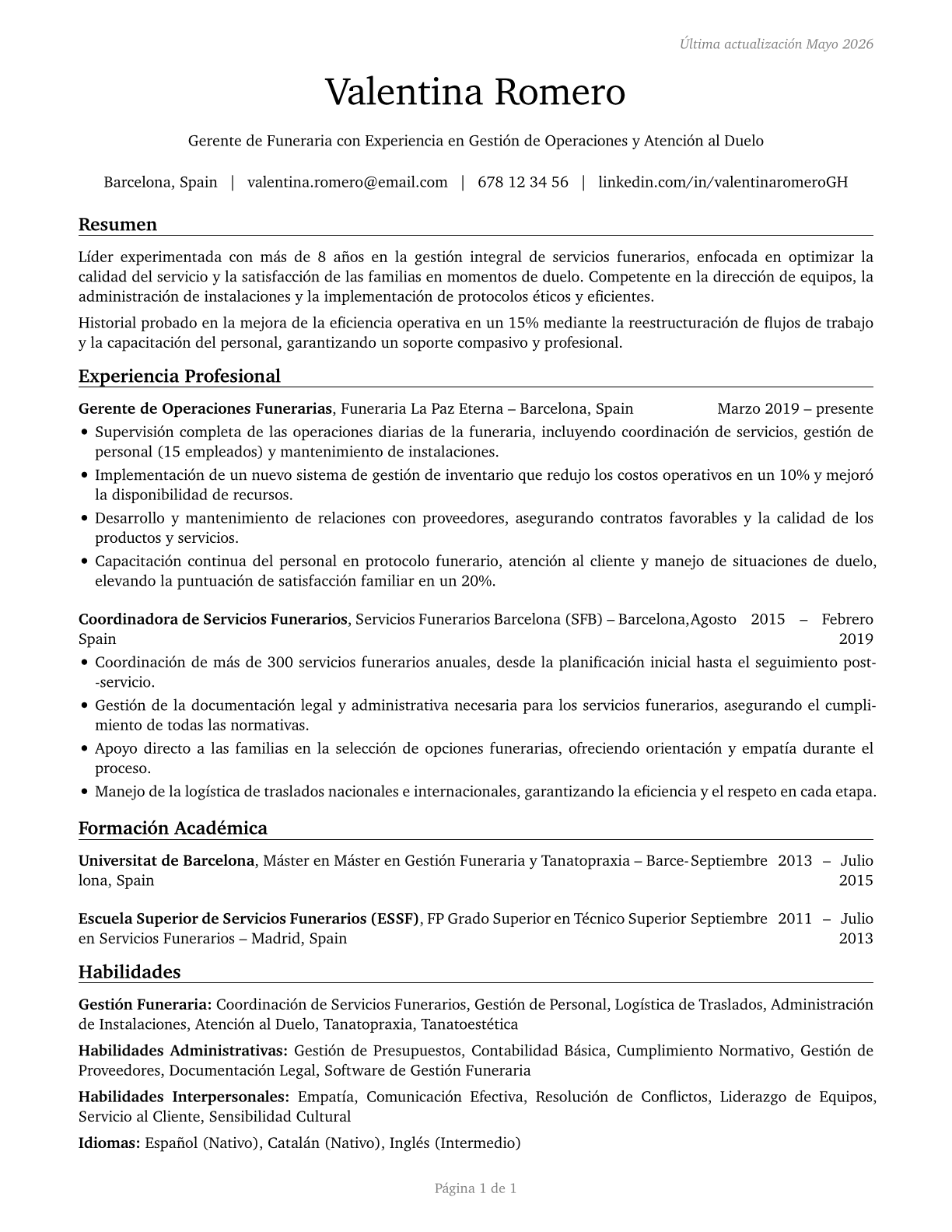Funeral Home Managers CV in Spanish — page 1