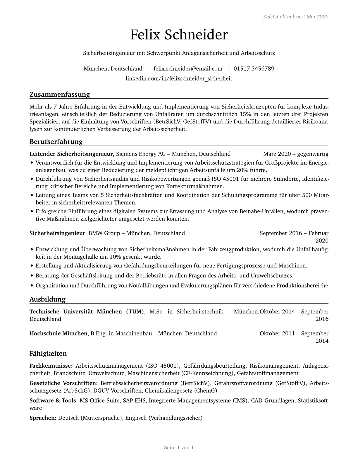 Health and Safety Engineers, Except Mining Safety Engineers and Inspectors CV in German — page 1