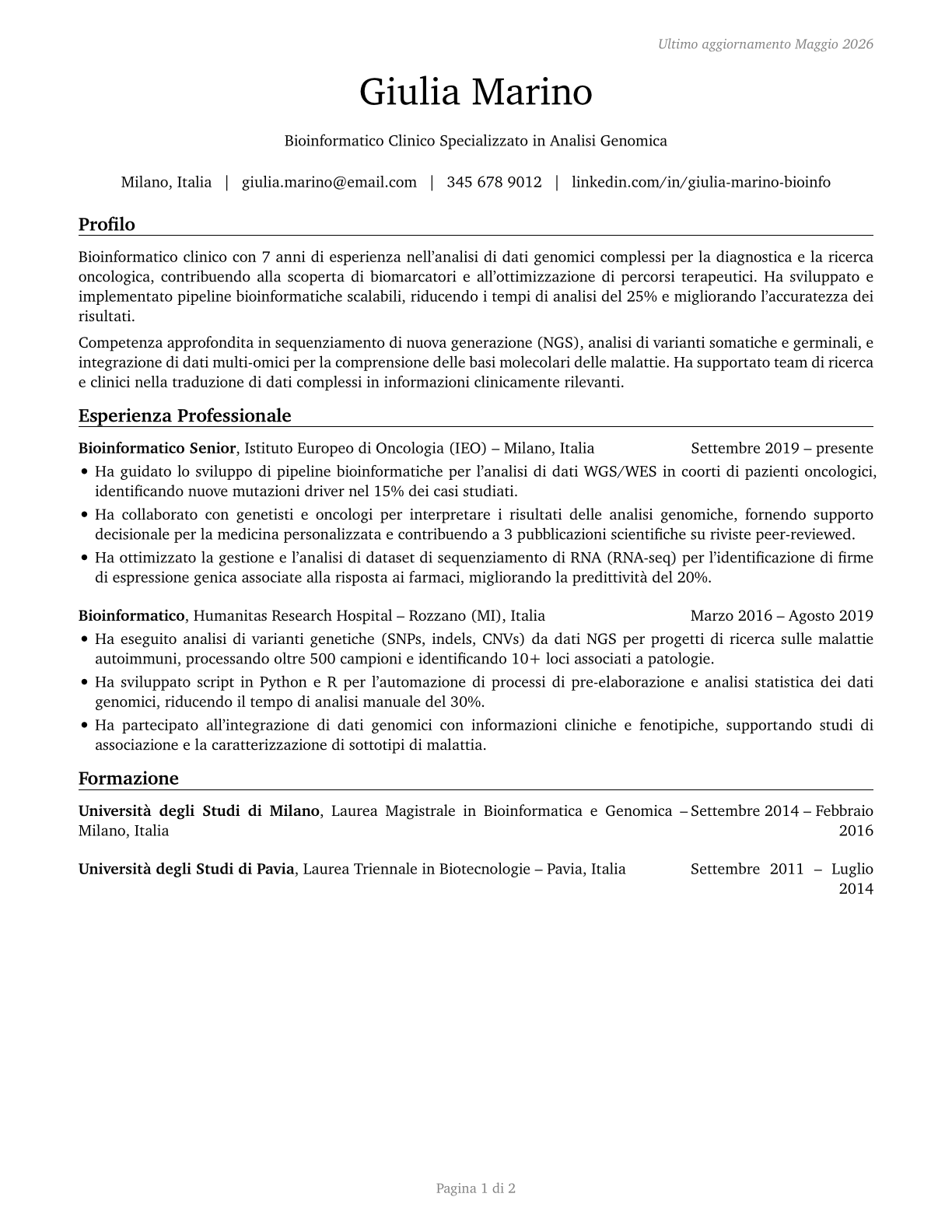 Bioinformatics Scientists CV in Italian — page 1