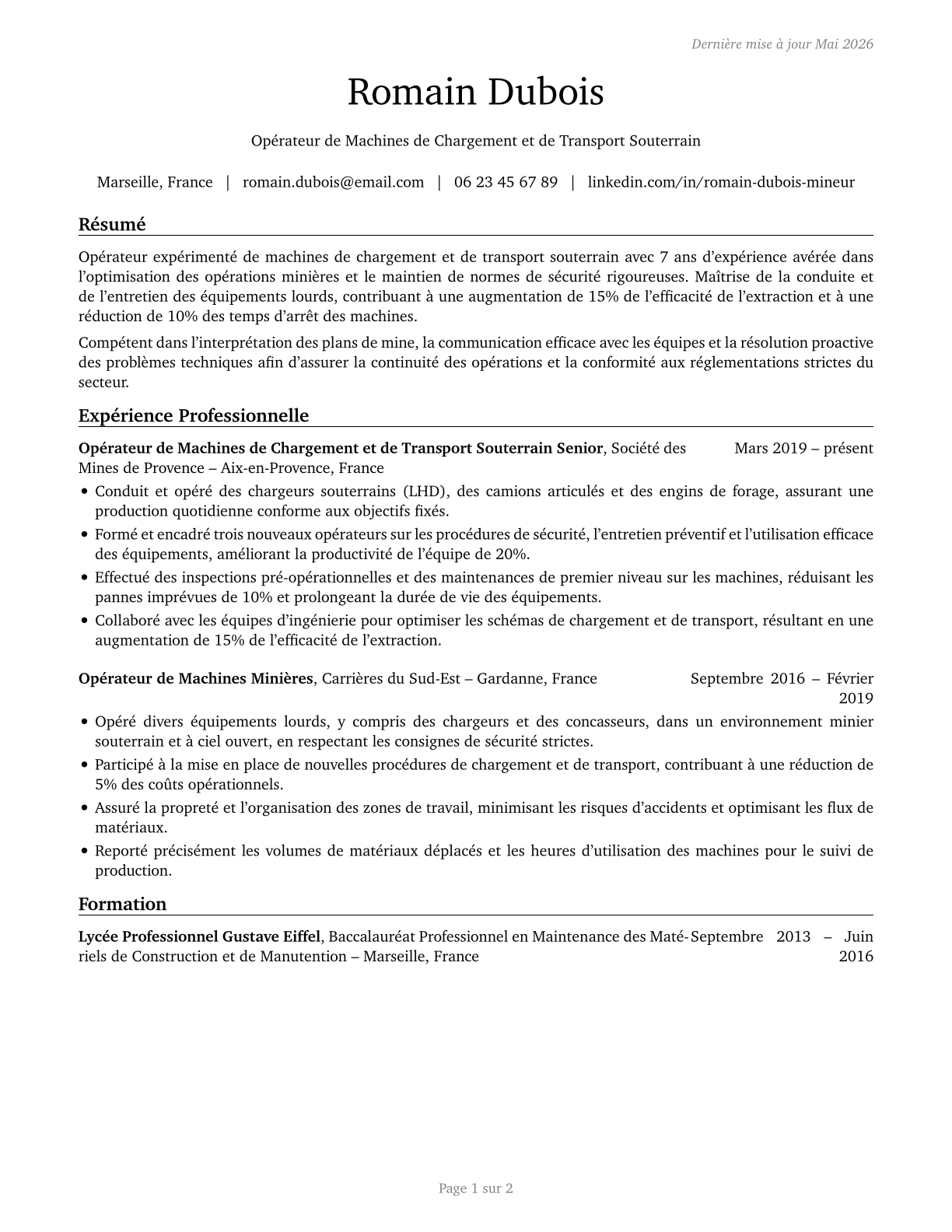 Loading and Moving Machine Operators, Underground Mining CV in French — page 1