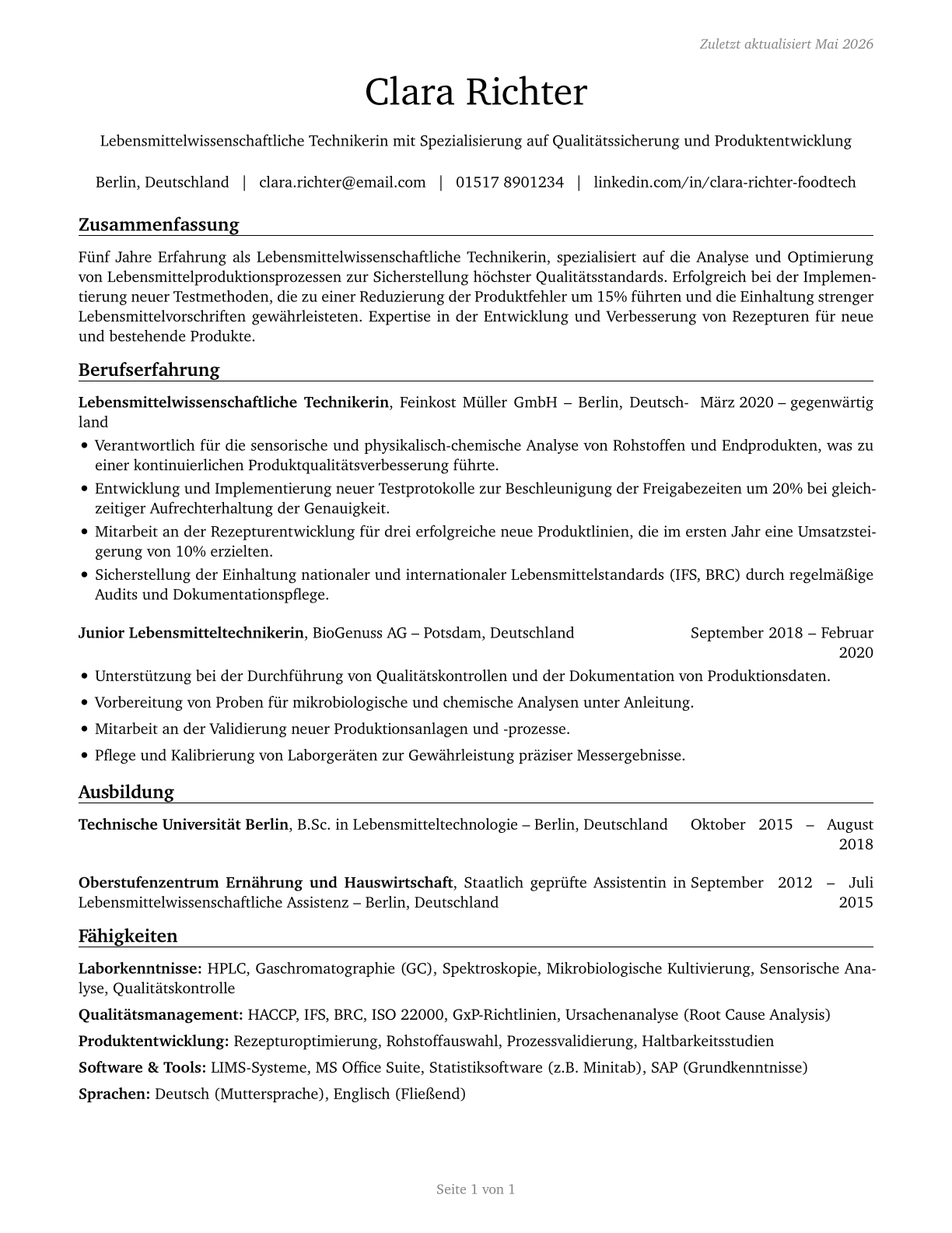 Food Science Technicians CV in German — page 1