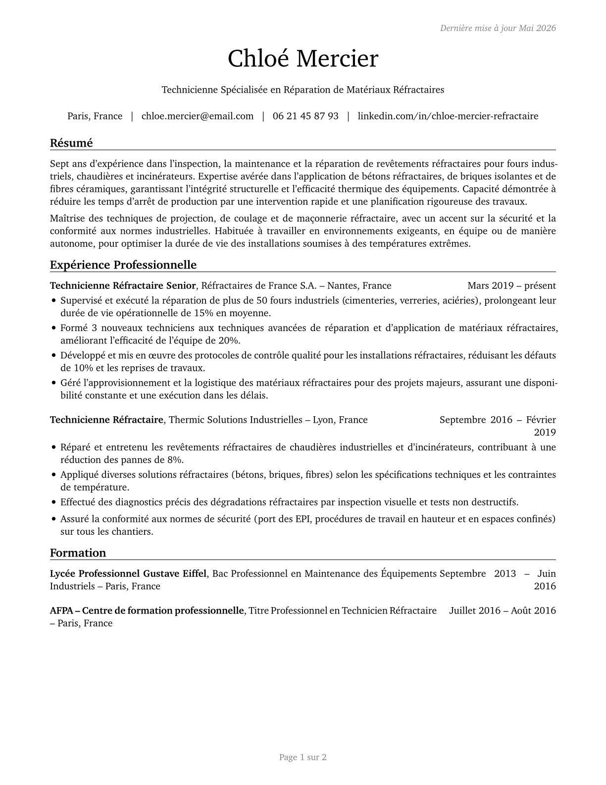 Refractory Materials Repairers, Except Brickmasons CV in French — page 1