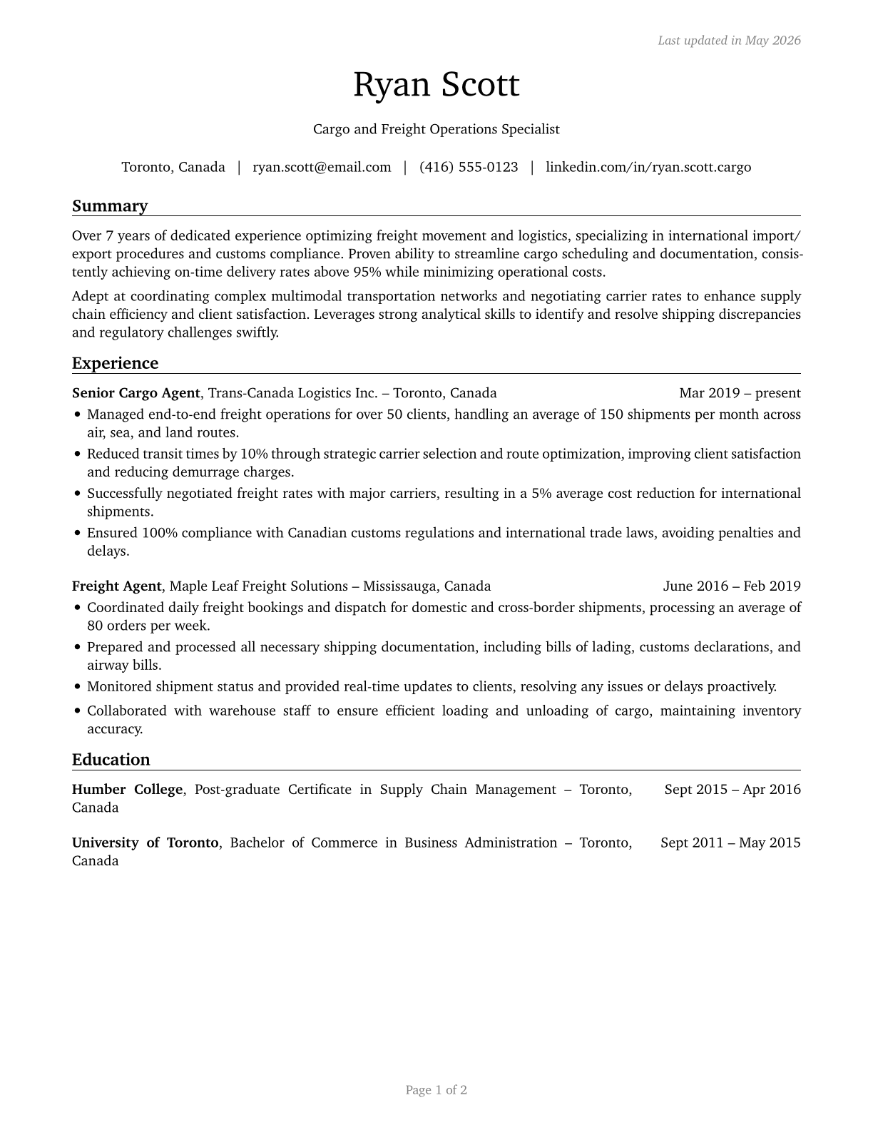 Cargo and Freight Agents CV in English — page 1