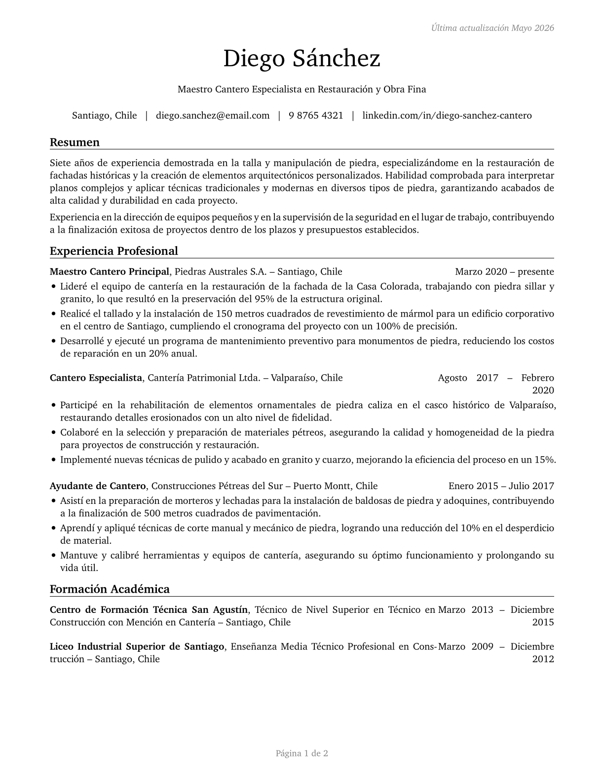 Stonemasons CV in Spanish — page 1