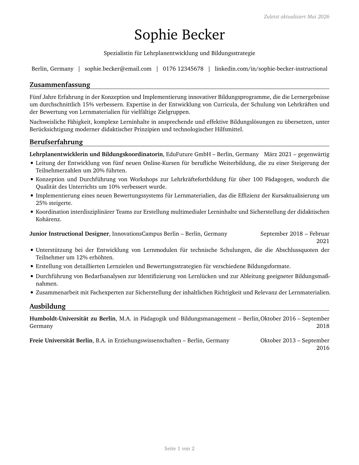 Instructional Coordinators CV in German — page 1