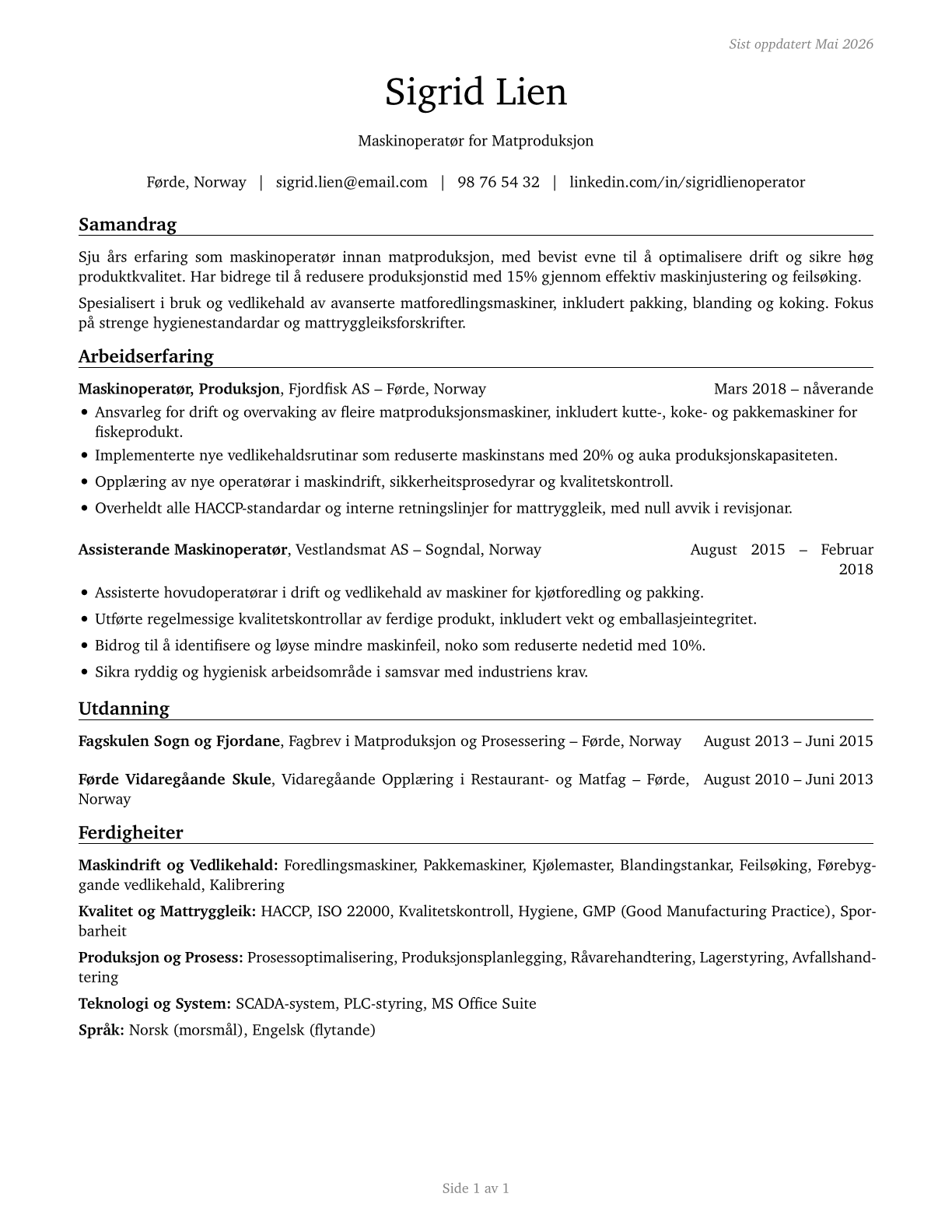 Food Cooking Machine Operators and Tenders CV in Norwegian_nynorsk — page 1