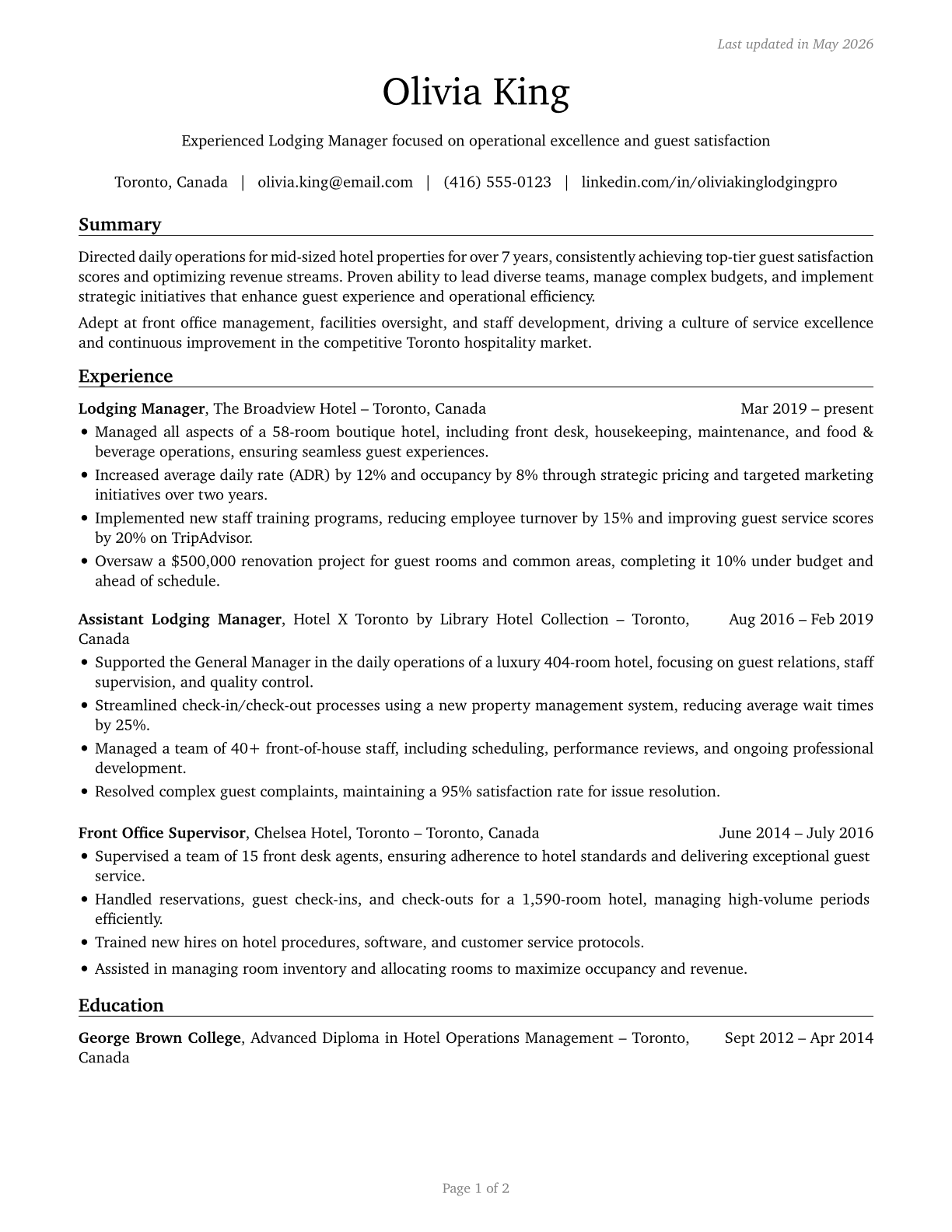 Lodging Managers CV in English — page 1