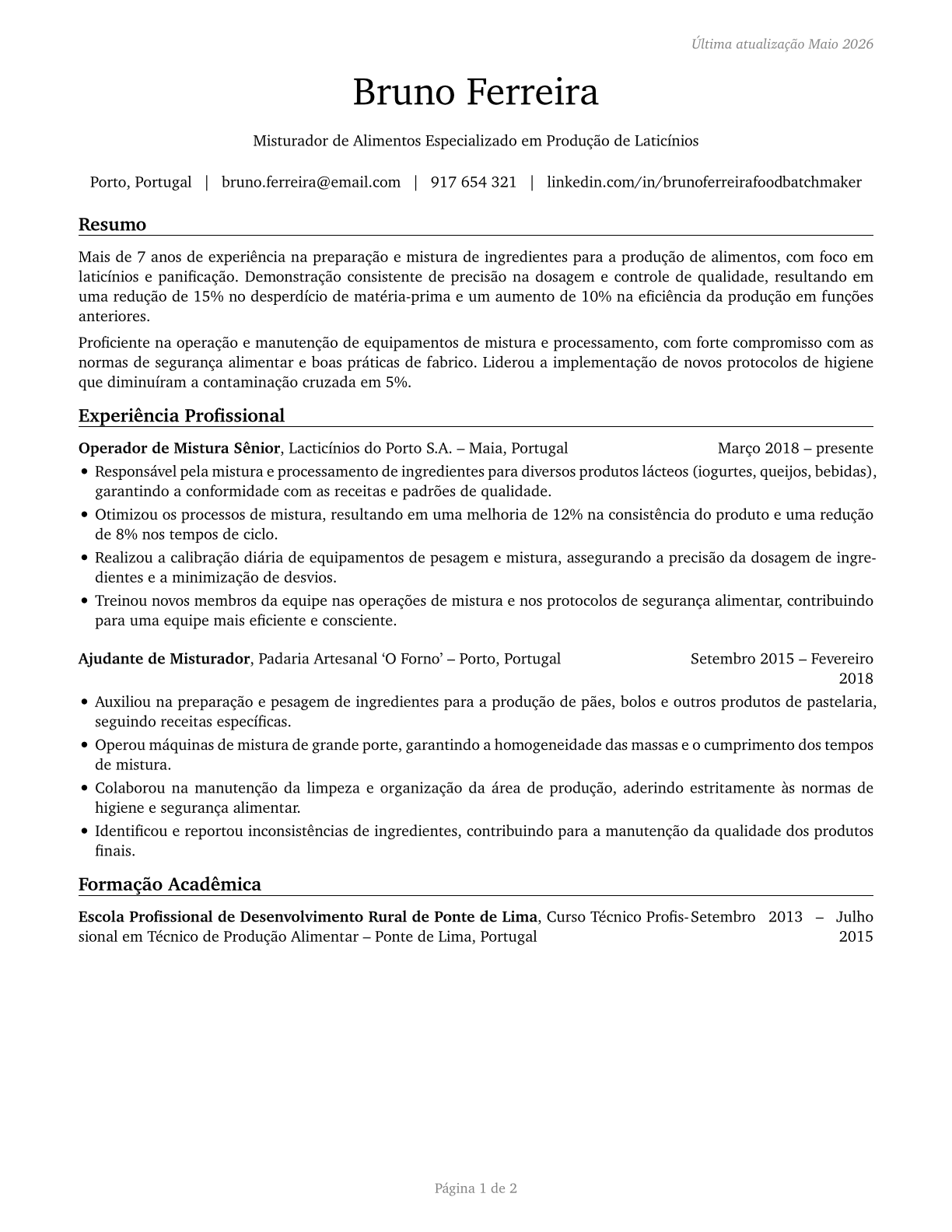 Food Batchmakers CV in Portuguese — page 1
