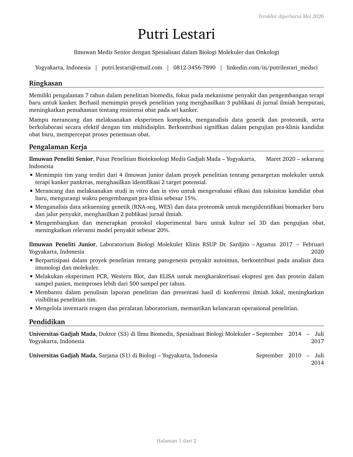 Medical Scientists, Except Epidemiologists CV in Indonesian — page 1