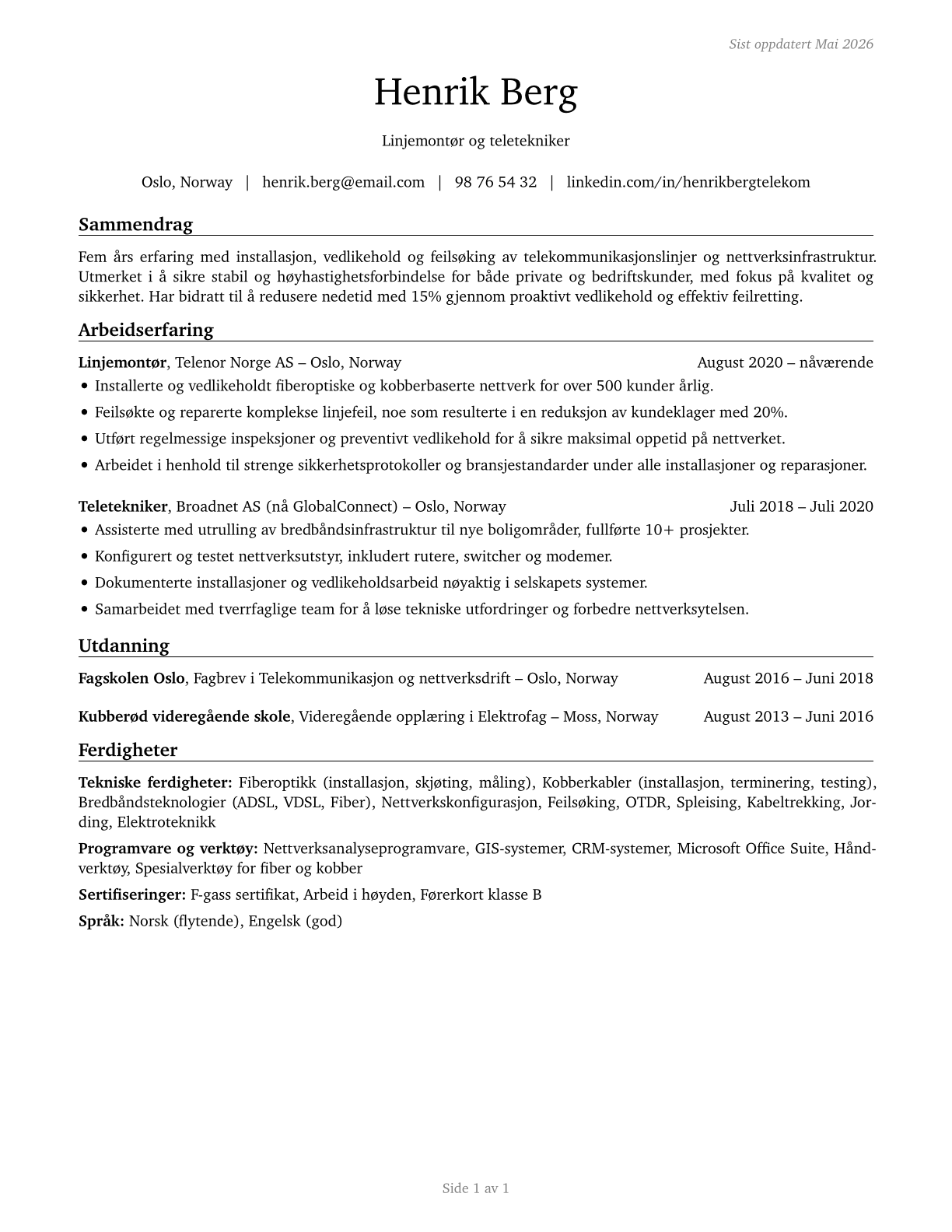 Telecommunications Line Installers and Repairers CV in Norwegian_bokmal — page 1