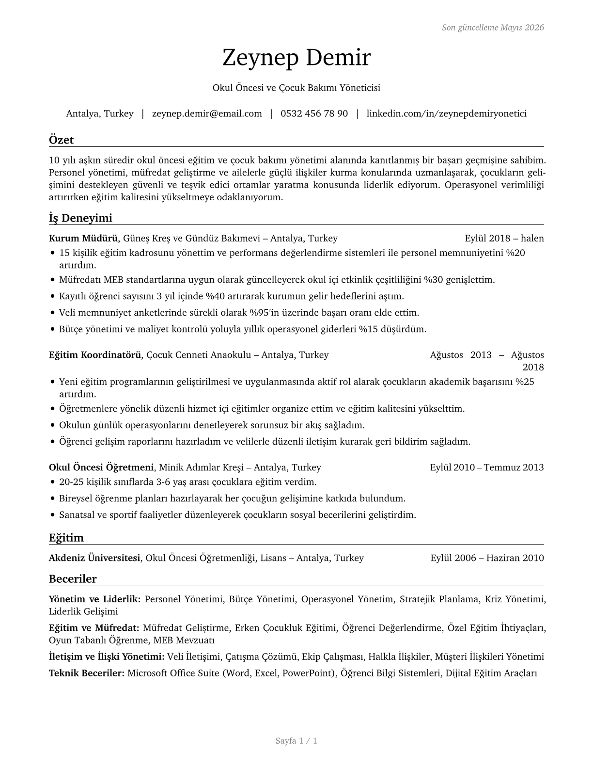 Education and Childcare Administrators, Preschool and Daycare CV in Turkish — page 1