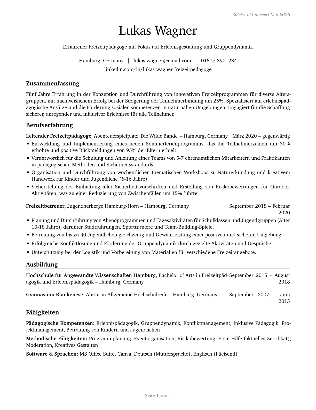 Recreation Workers CV in German — page 1