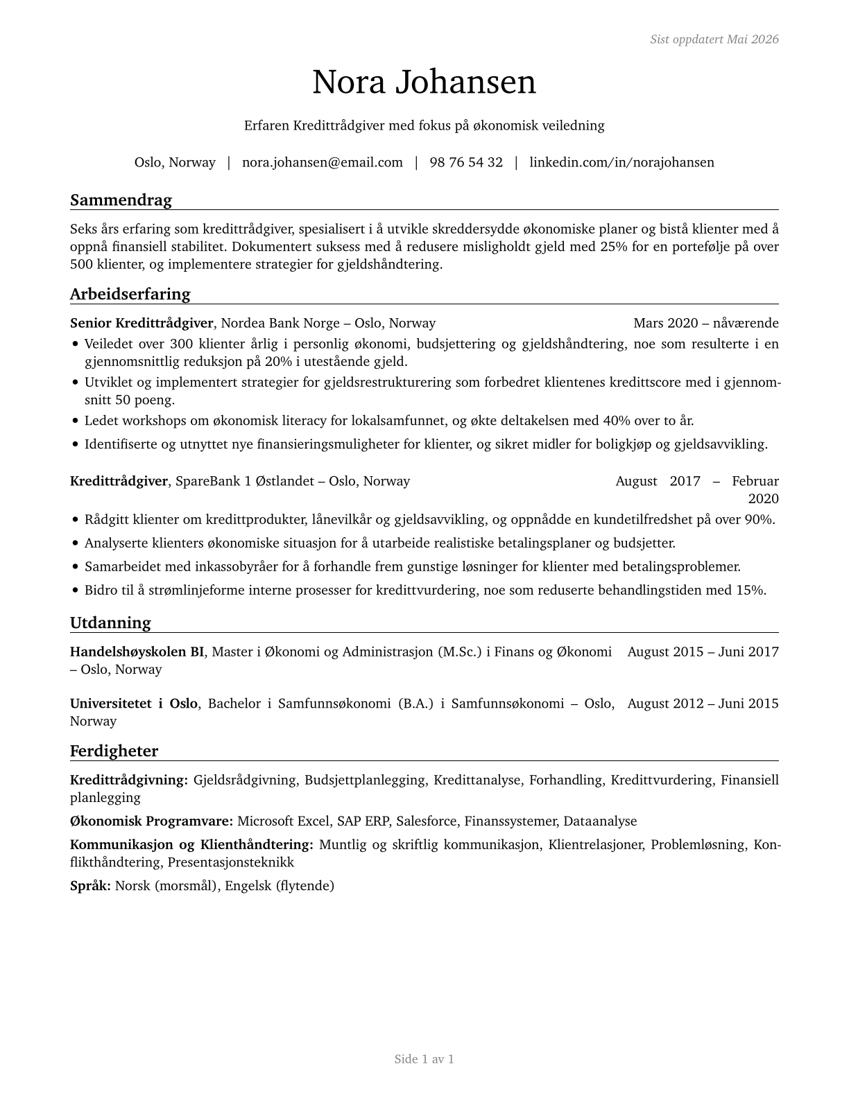 Credit Counselors CV in Norwegian_bokmal — page 1