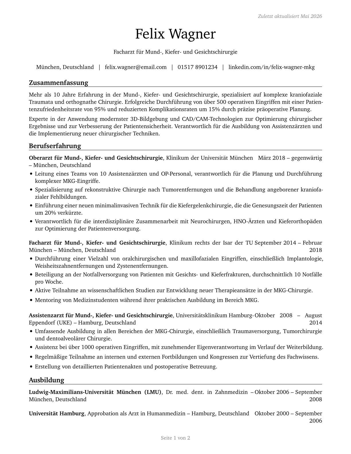 Oral and Maxillofacial Surgeons CV in German — page 1