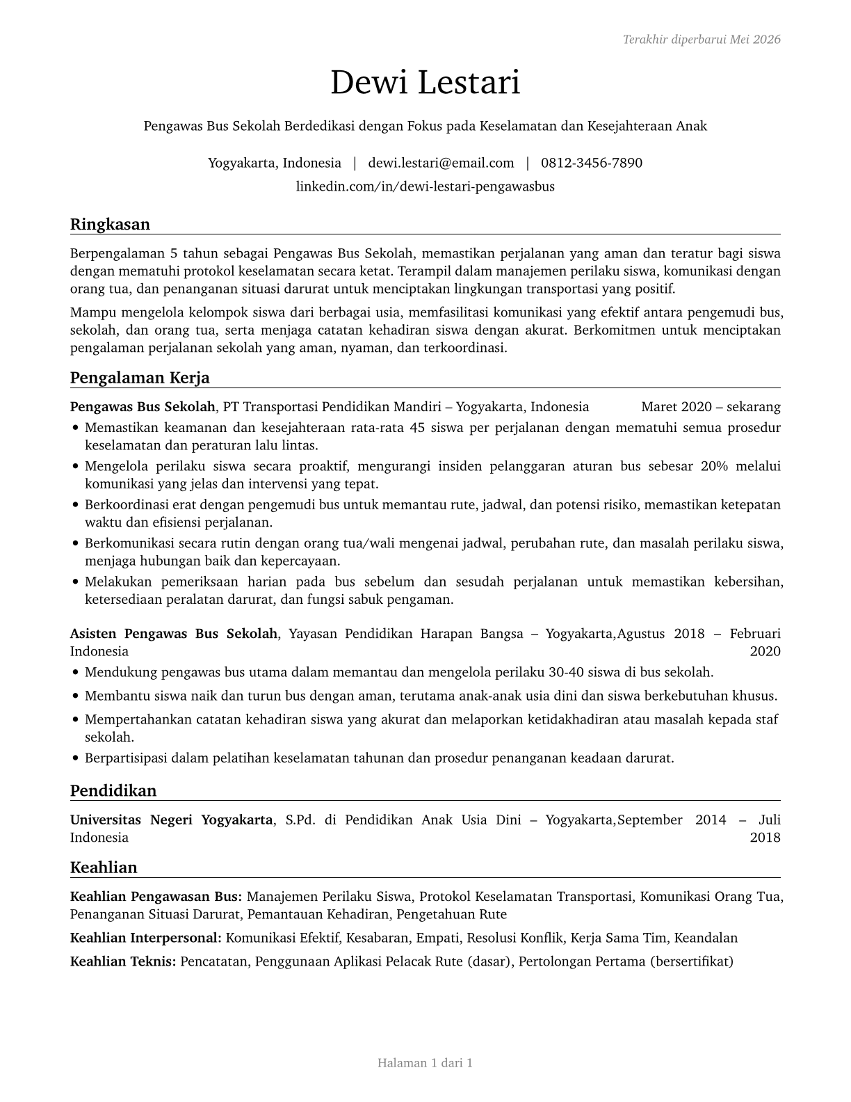School Bus Monitors CV in Indonesian — page 1