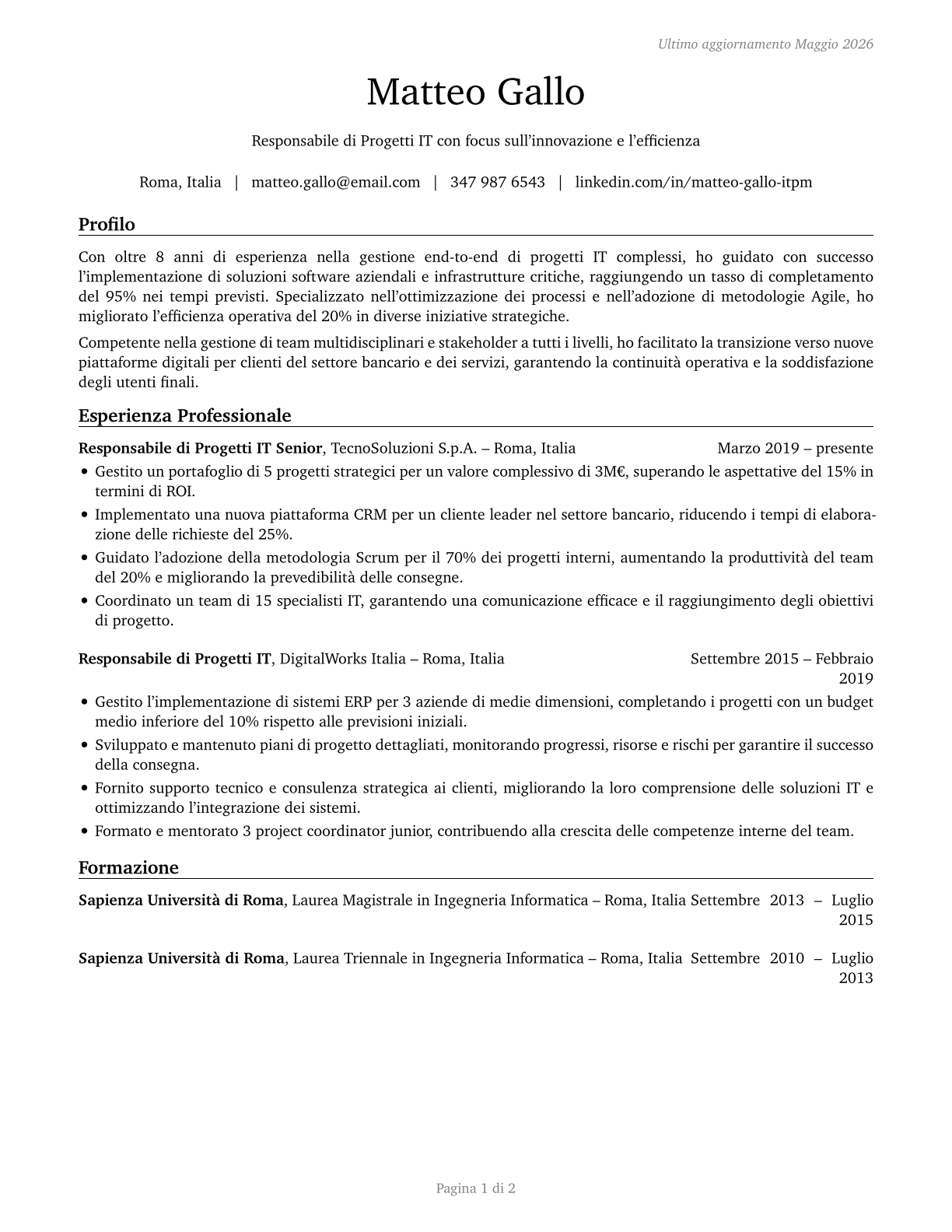 Information Technology Project Managers CV in Italian — page 1