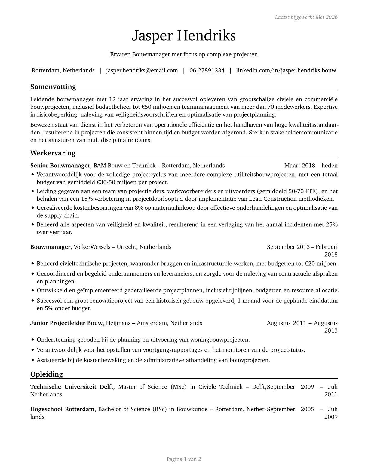 Construction Managers CV in Dutch — page 1