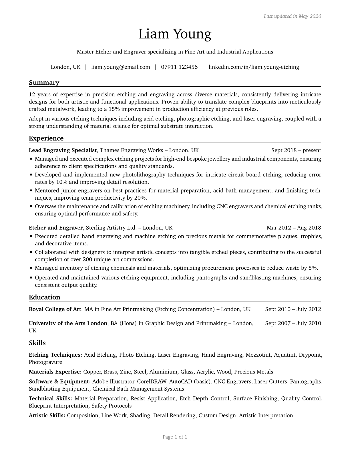 Etchers and Engravers CV in English — page 1