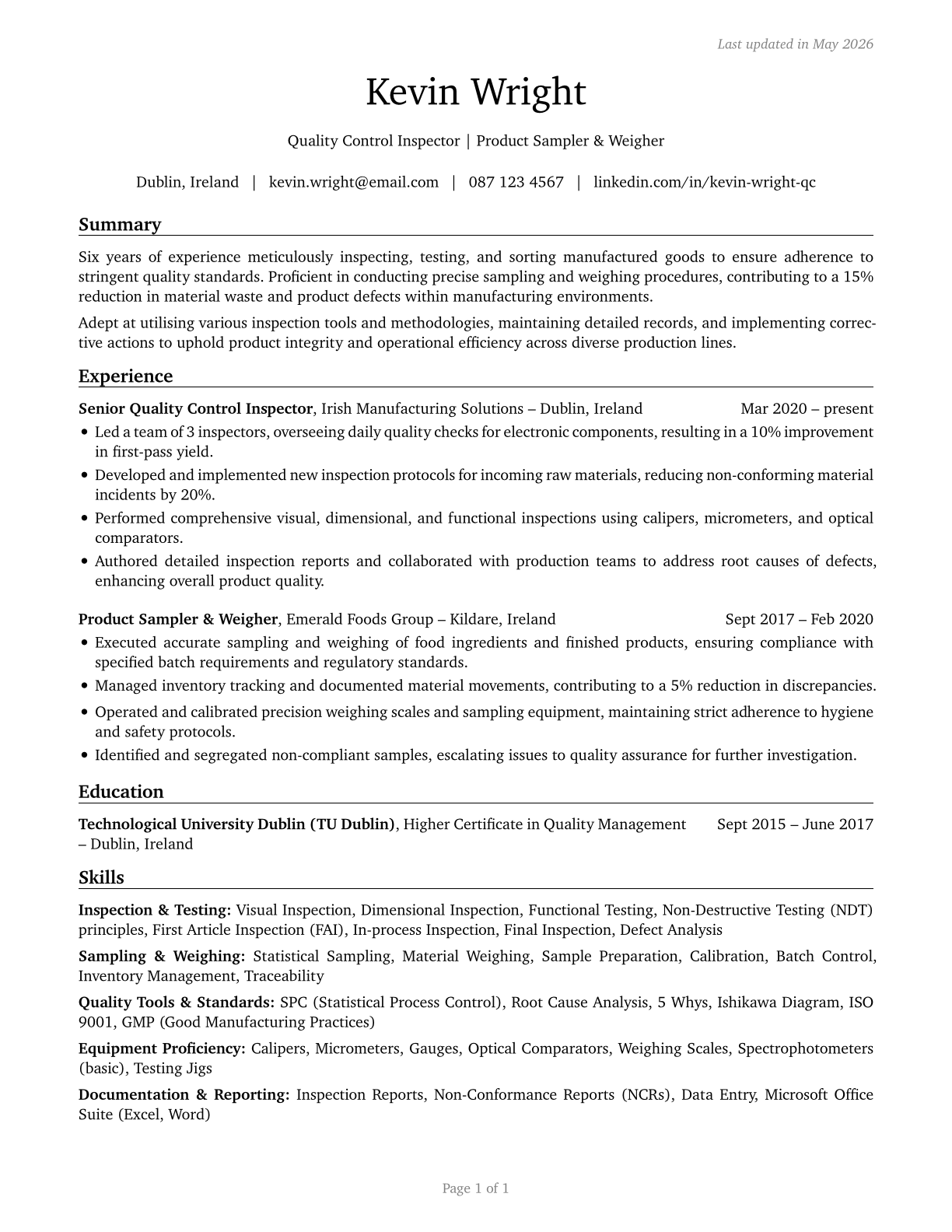 Inspectors, Testers, Sorters, Samplers, and Weighers CV in English — page 1