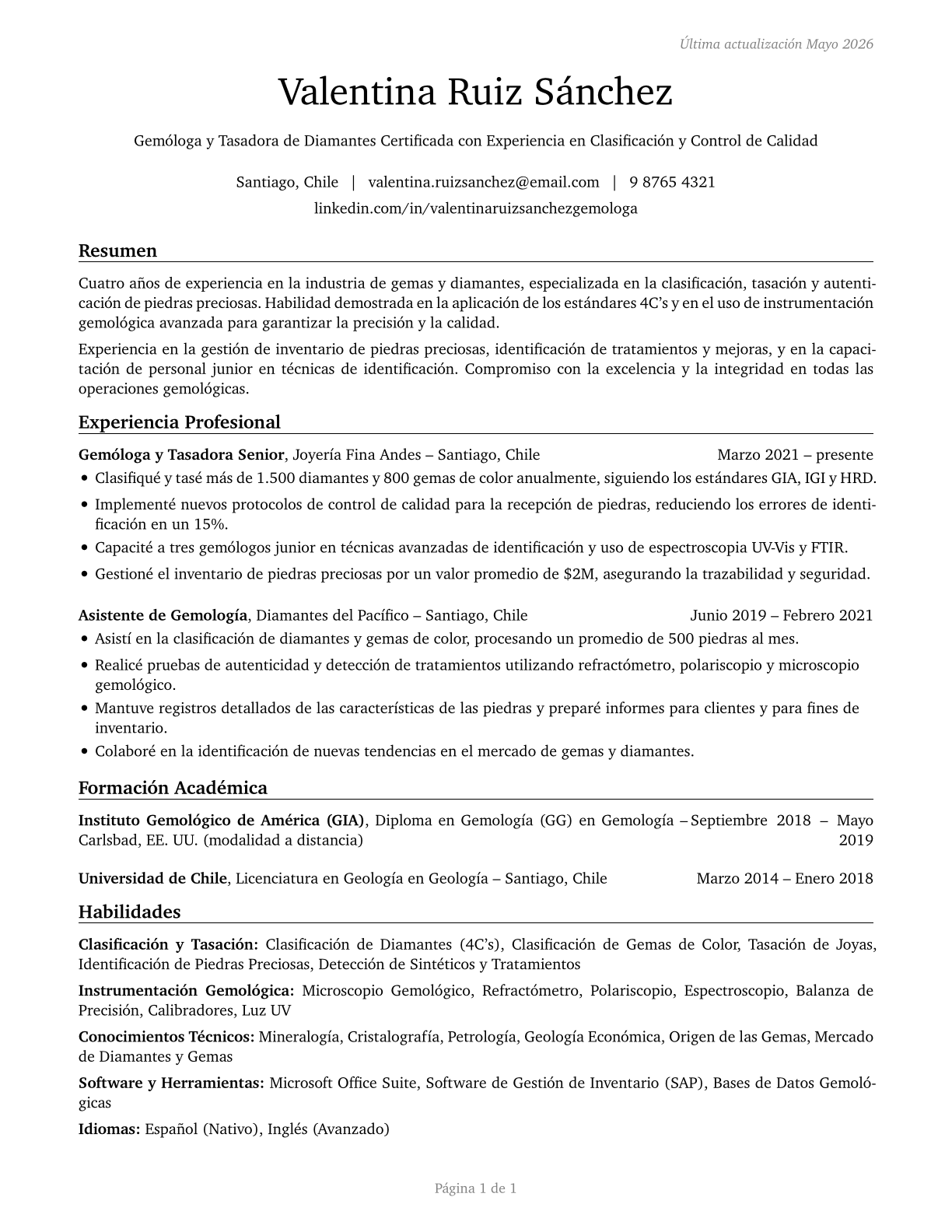 Gem and Diamond Workers CV in Spanish — page 1