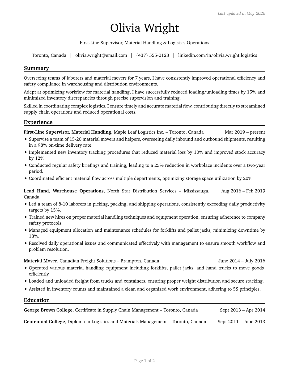 First-Line Supervisors of Helpers, Laborers, and Material Movers, Hand CV in English — page 1