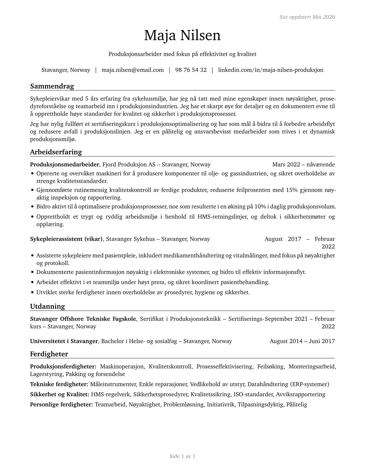 Production Workers, All Other CV in Norwegian_bokmal — page 1
