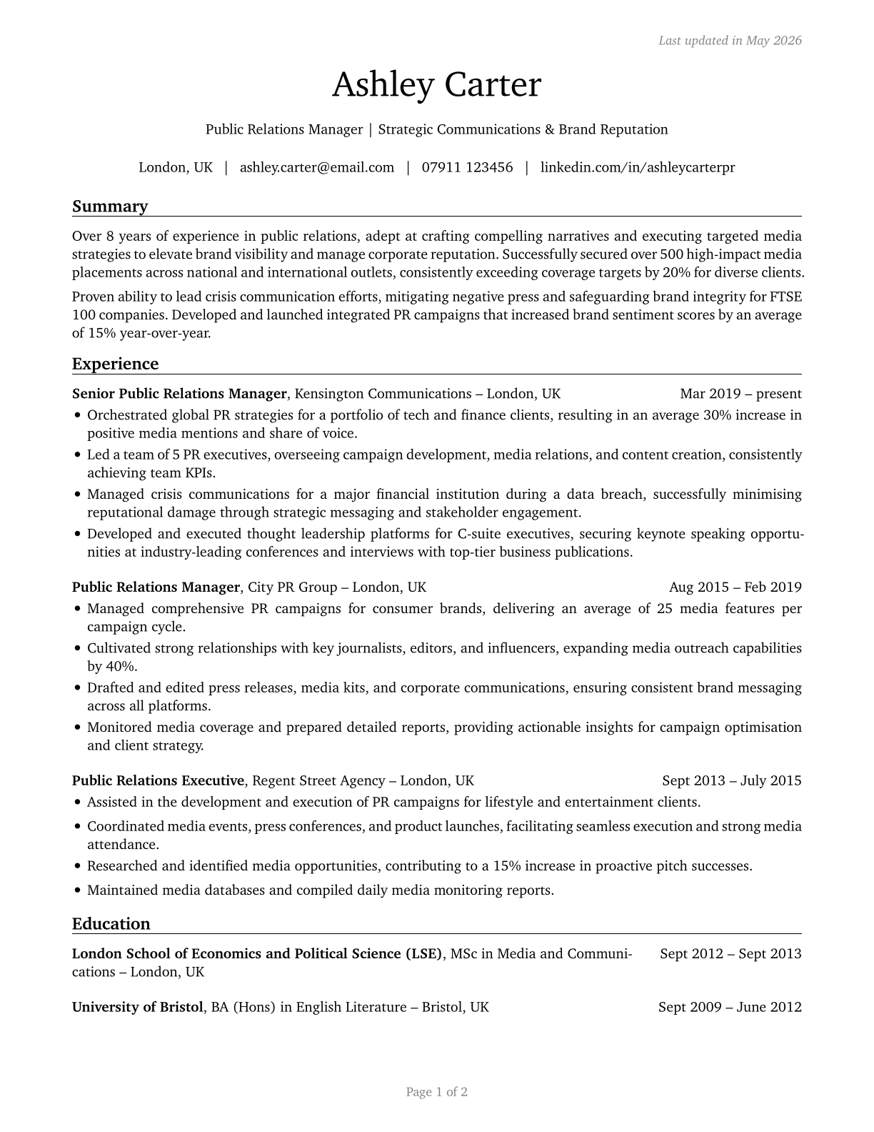 Public Relations Managers CV in English — page 1