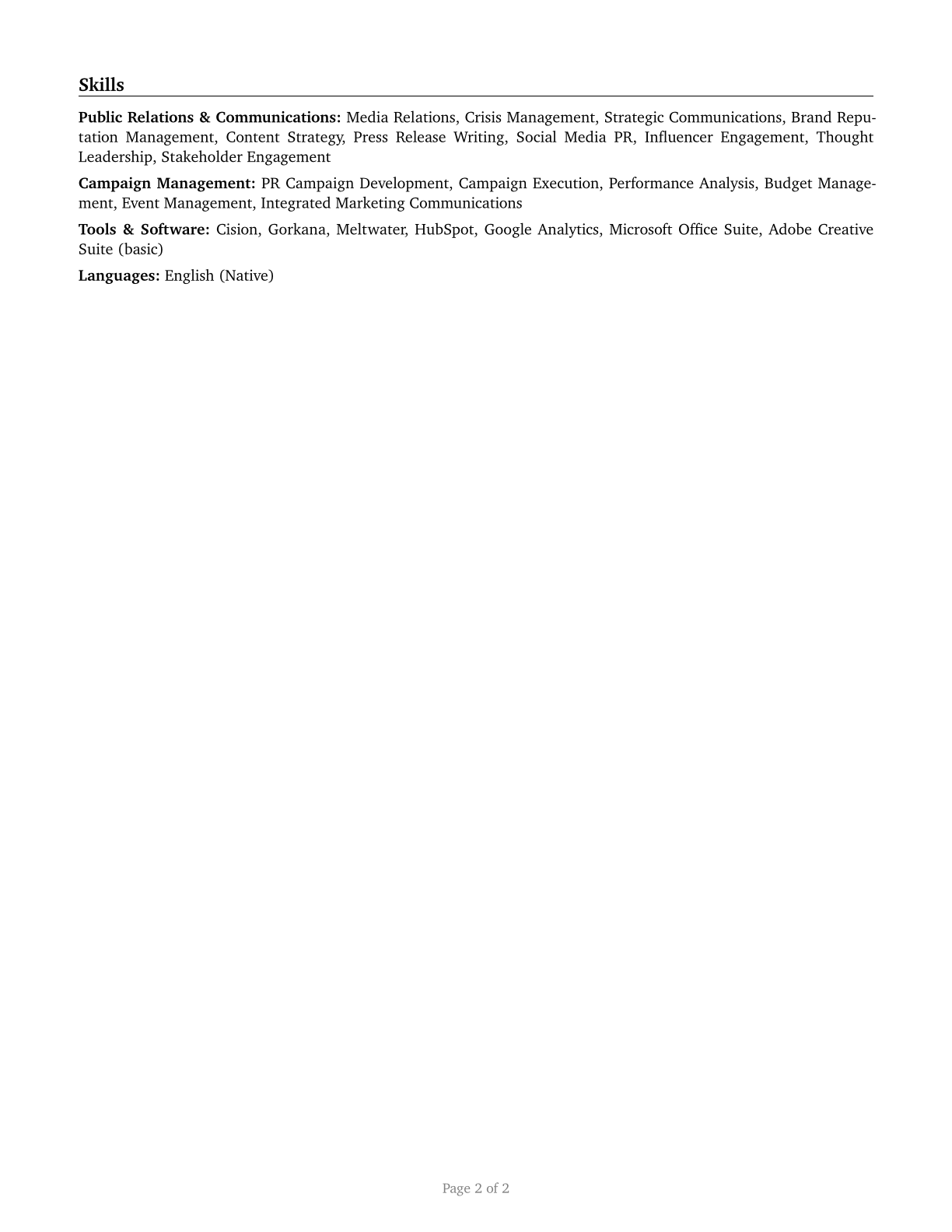 Public Relations Managers CV in English — page 2