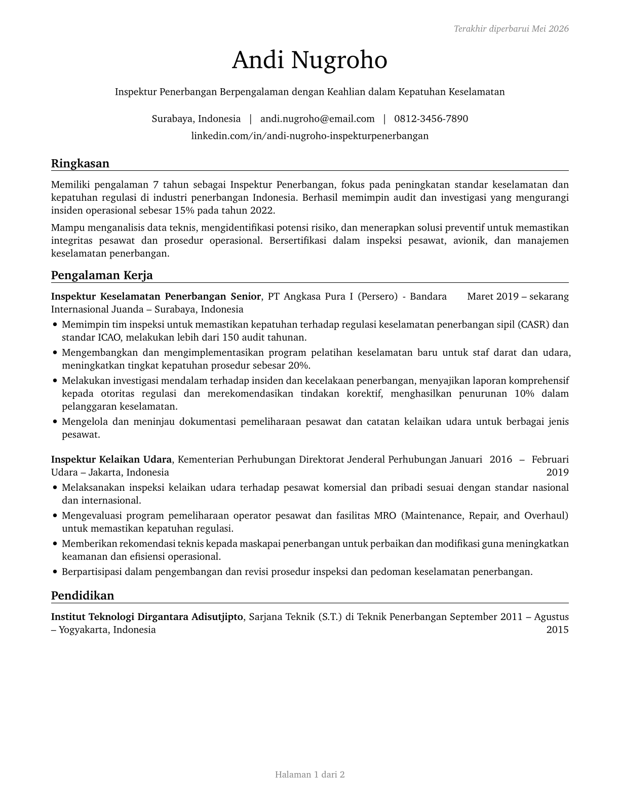 Aviation Inspectors CV in Indonesian — page 1