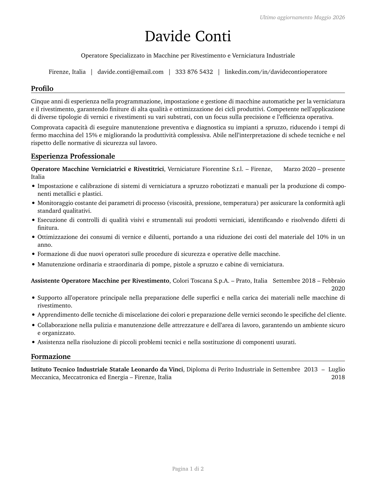 Coating, Painting, and Spraying Machine Setters, Operators, and Tenders CV in Italian — page 1