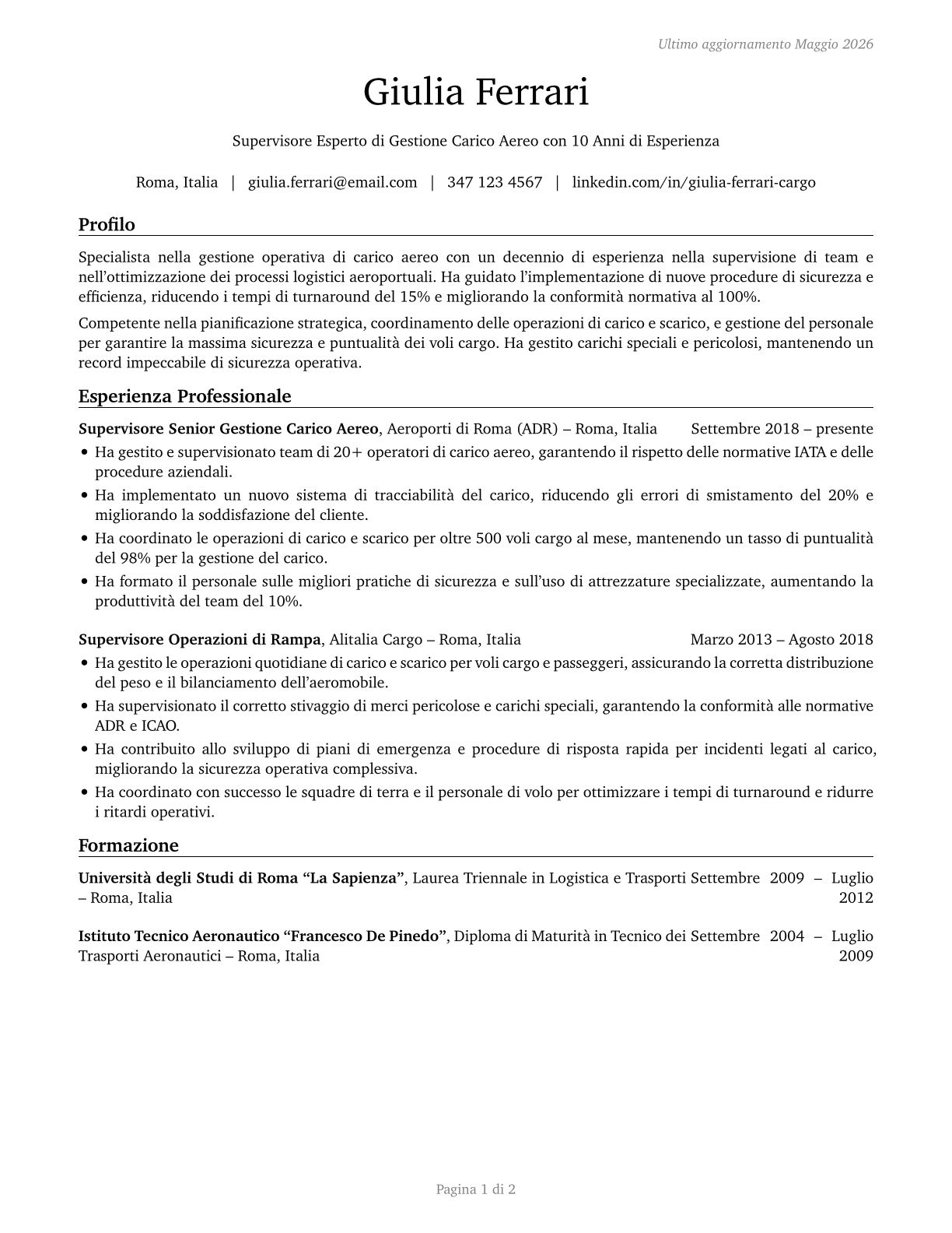 Aircraft Cargo Handling Supervisors CV in Italian — page 1