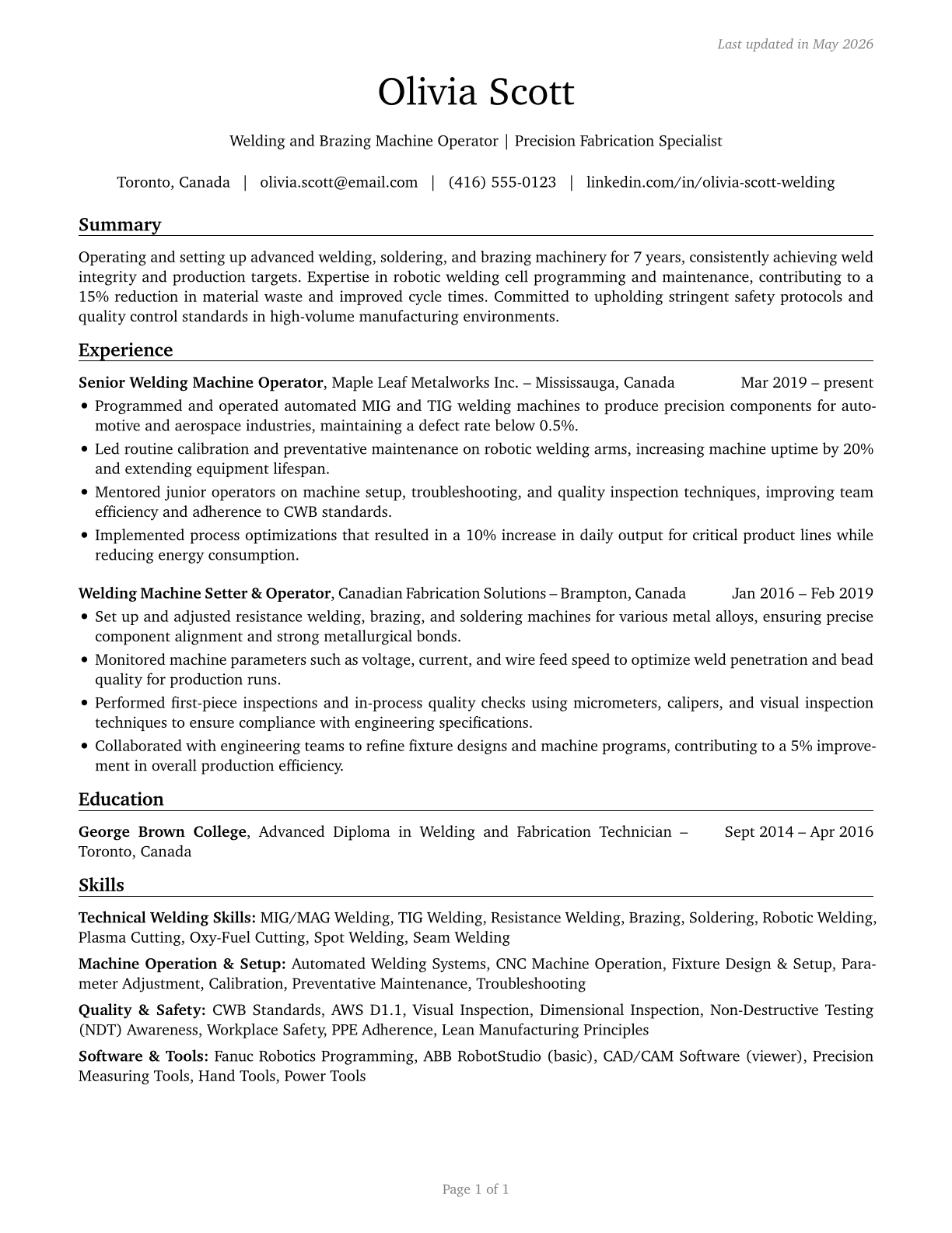 Welding, Soldering, and Brazing Machine Setters, Operators, and Tenders CV in English — page 1