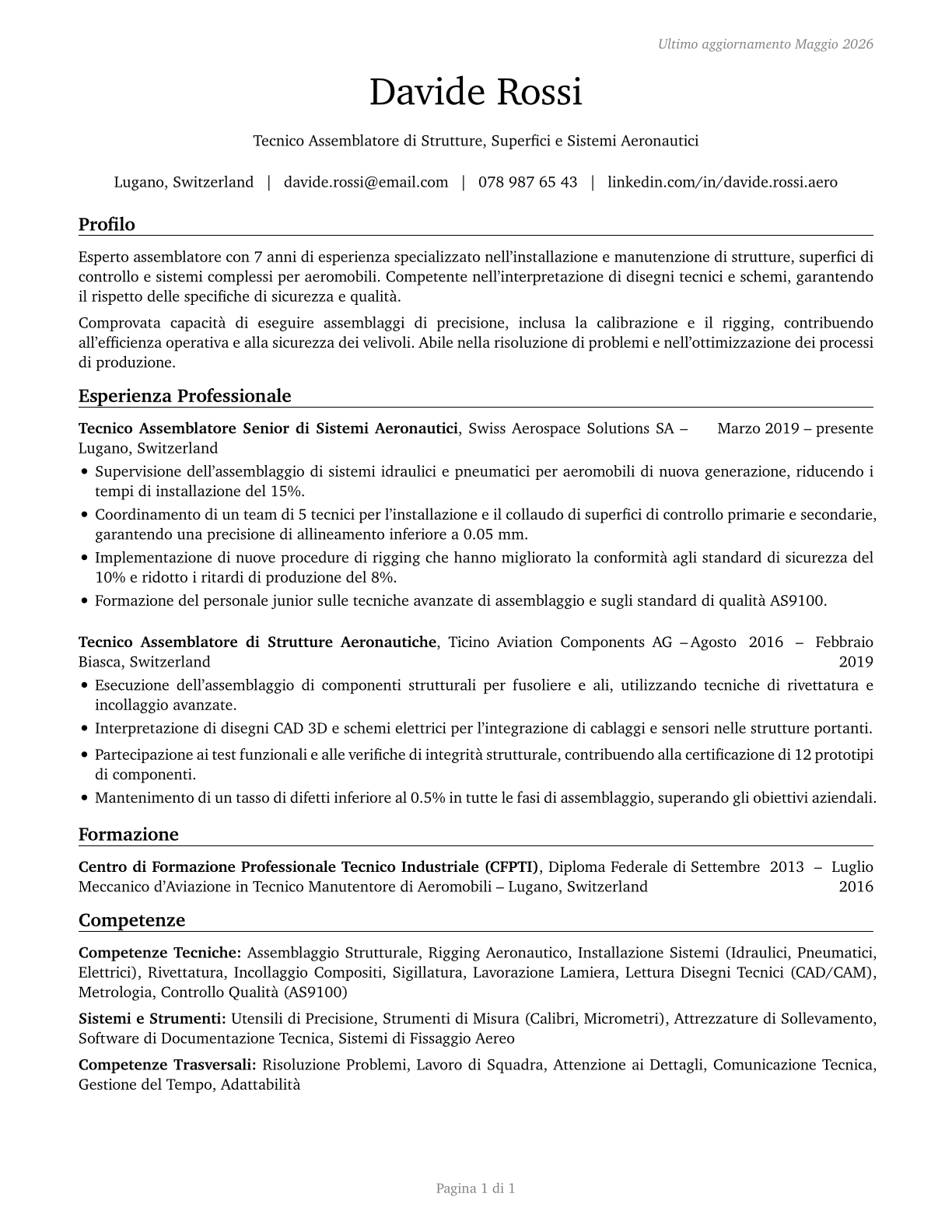 Aircraft Structure, Surfaces, Rigging, and Systems Assemblers CV in Italian — page 1