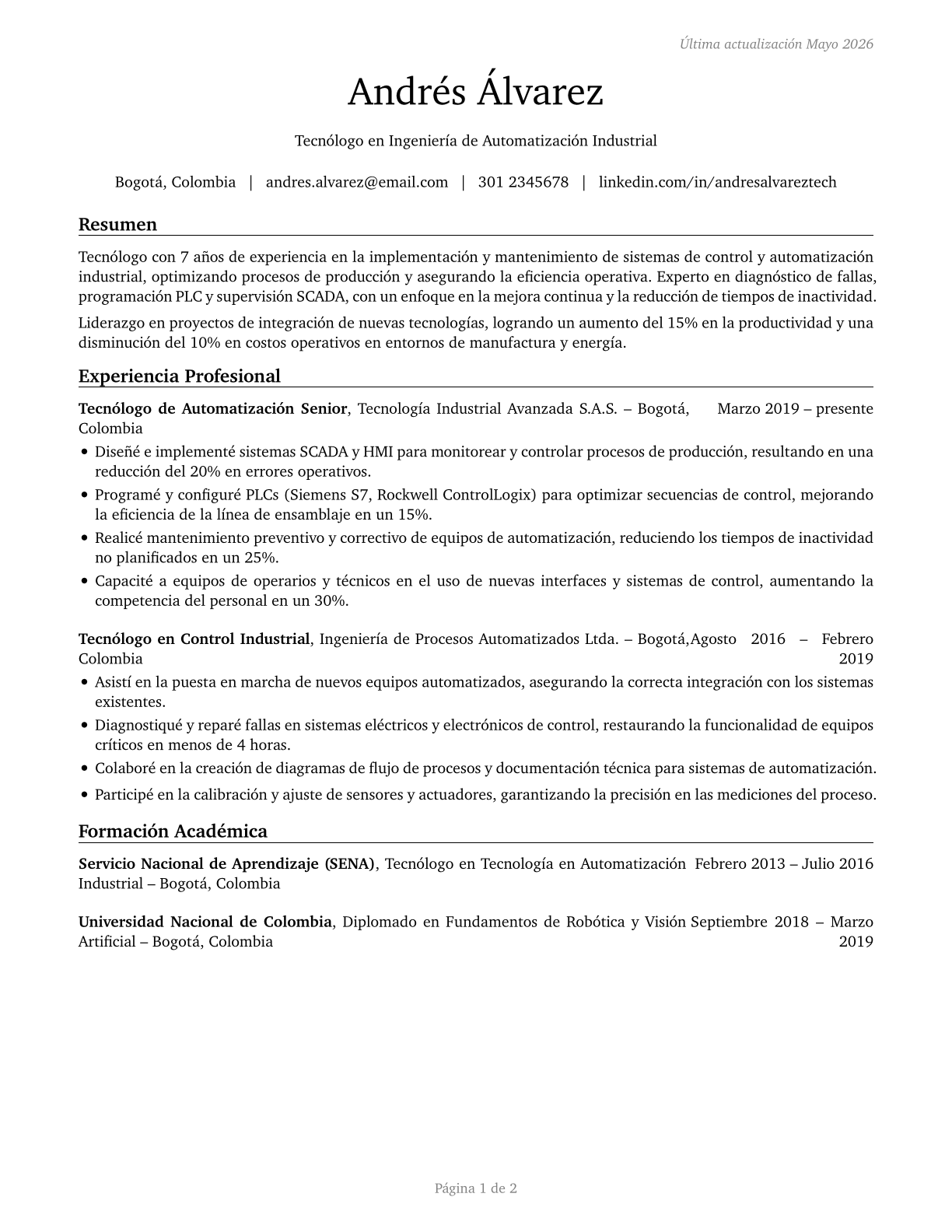 Engineering Technologists and Technicians, Except Drafters, All Other CV in Spanish — page 1