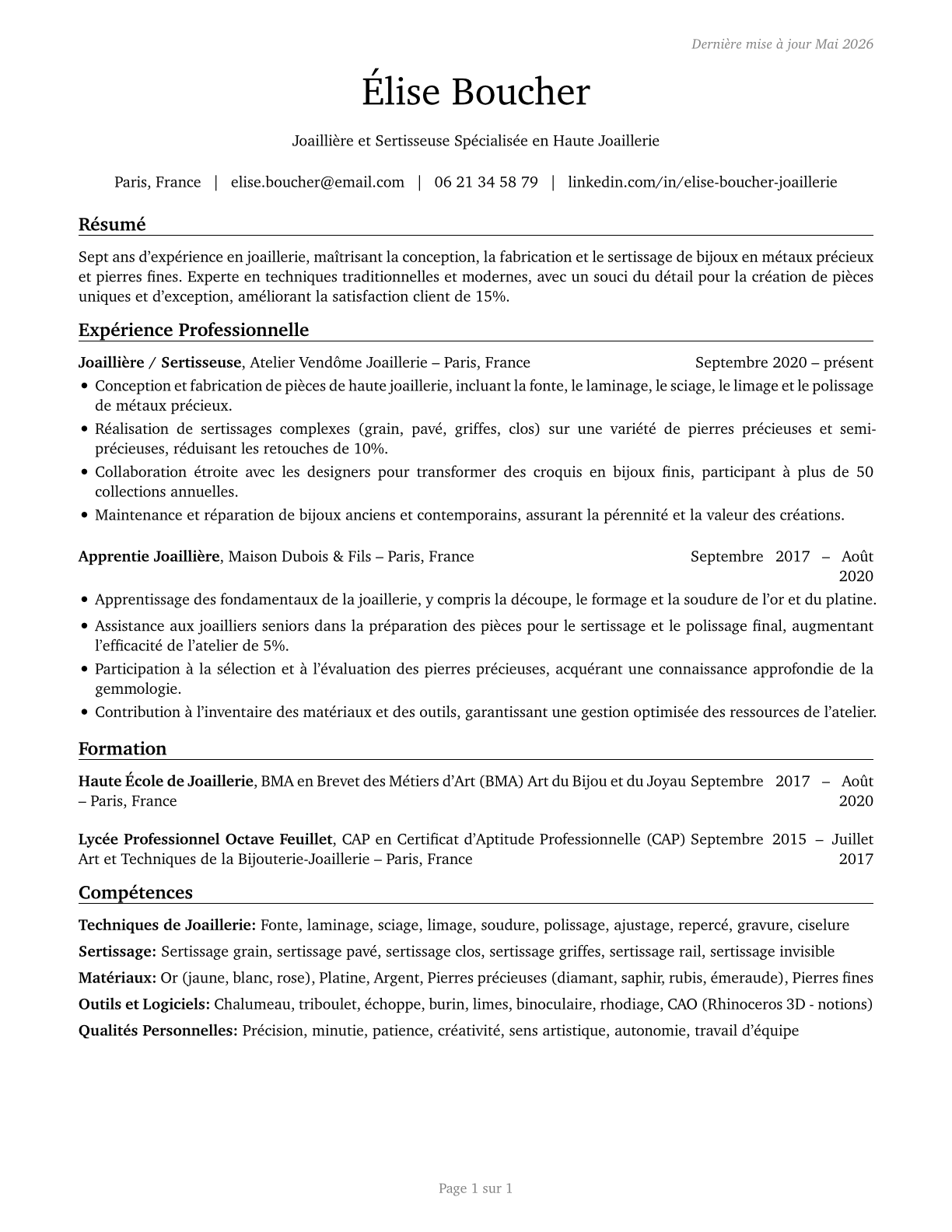 Jewelers and Precious Stone and Metal Workers CV in French — page 1