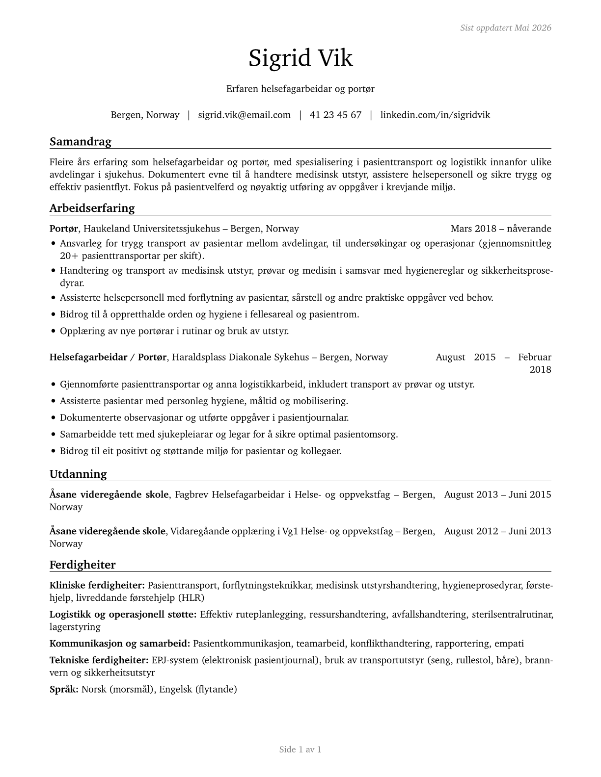 Orderlies CV in Norwegian_nynorsk — page 1