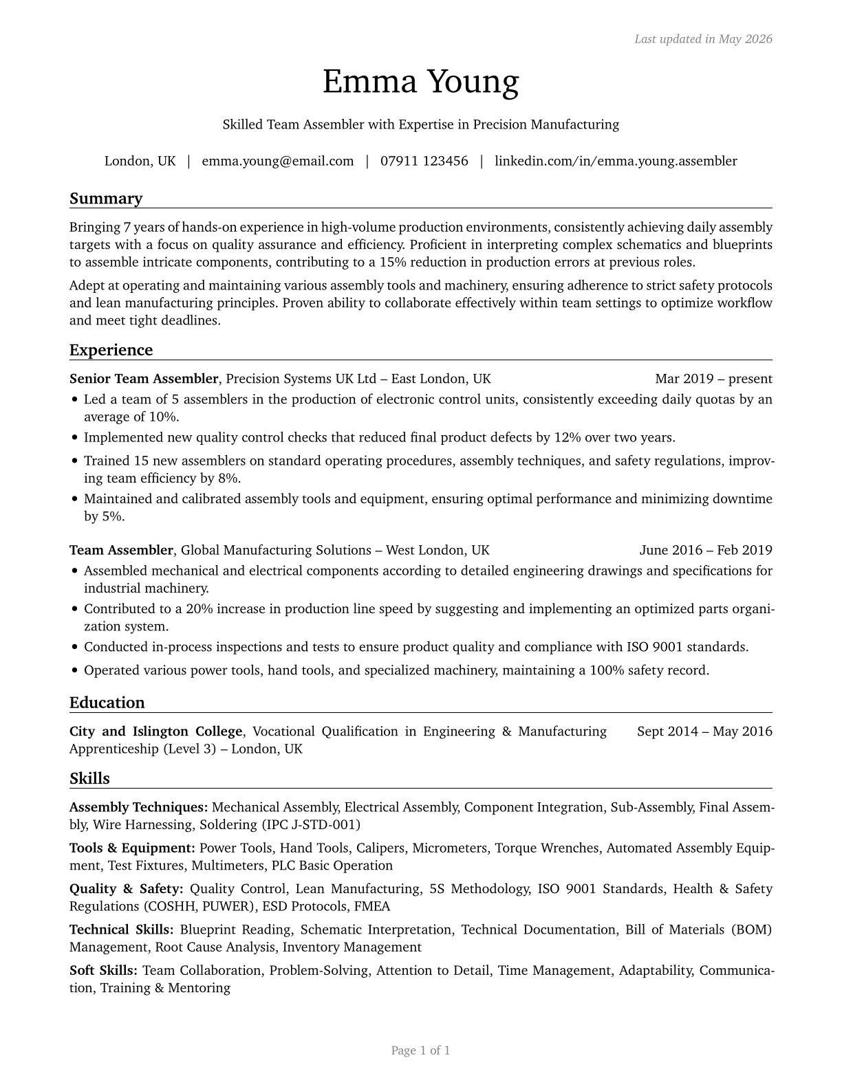Team Assemblers CV in English — page 1