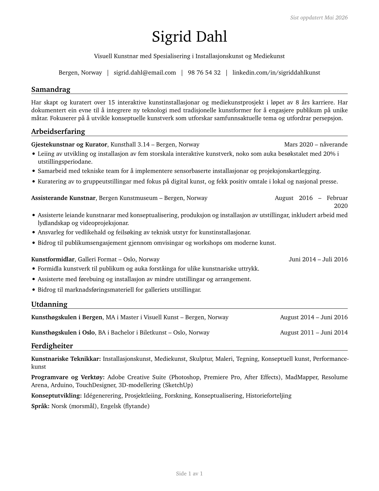 Artists and Related Workers, All Other CV in Norwegian_nynorsk — page 1
