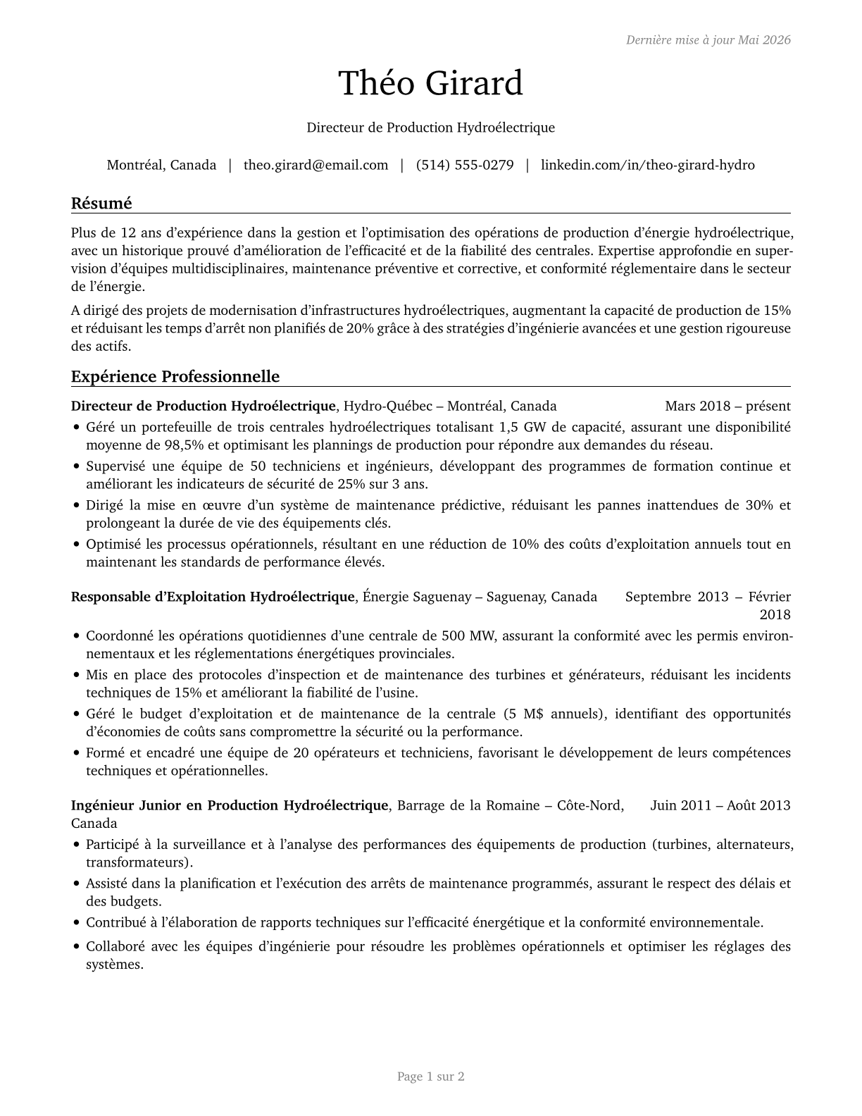 Hydroelectric Production Managers CV in French — page 1