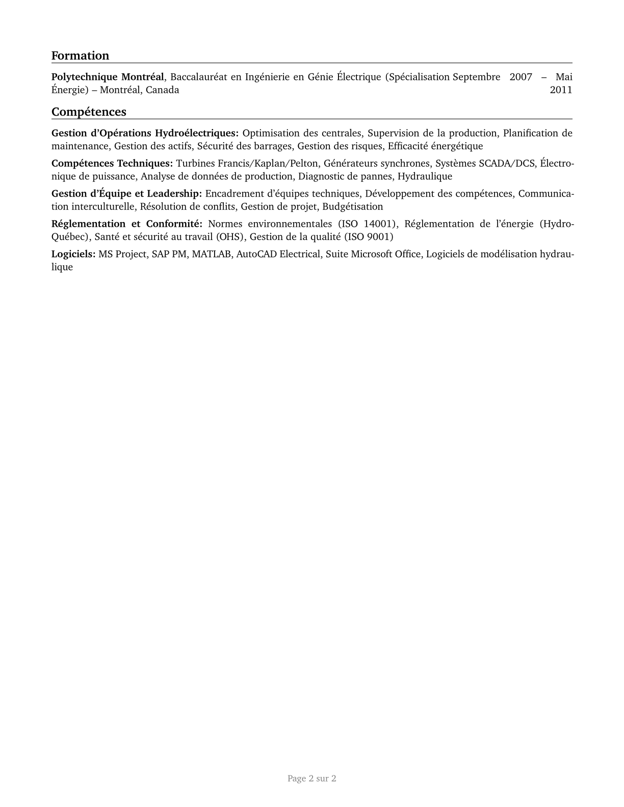 Hydroelectric Production Managers CV in French — page 2