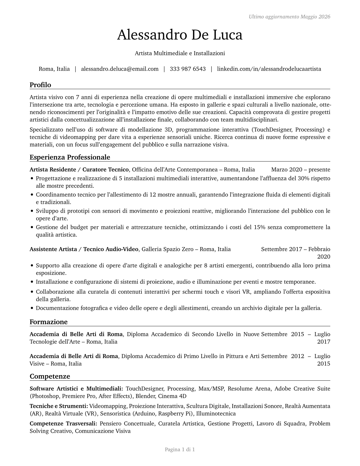 Artists and Related Workers, All Other CV in Italian — page 1