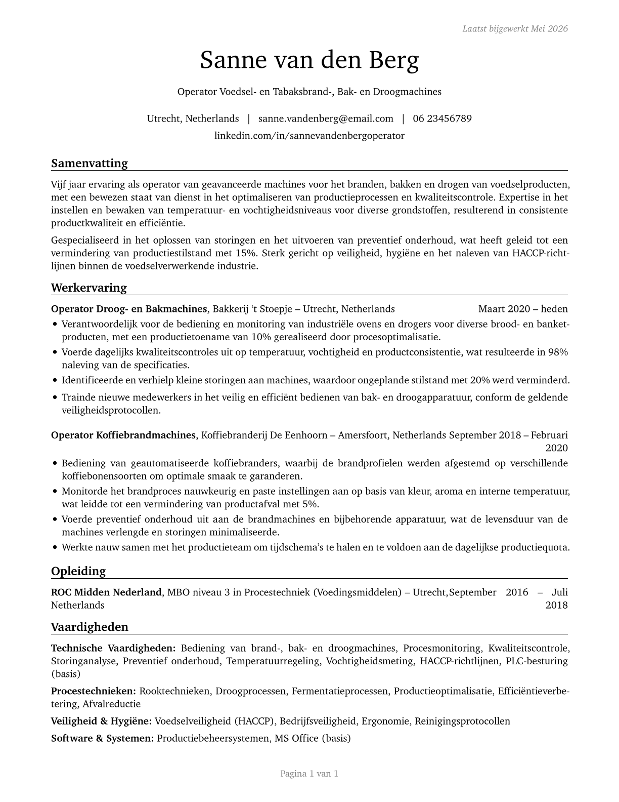 Food and Tobacco Roasting, Baking, and Drying Machine Operators and Tenders CV in Dutch — page 1