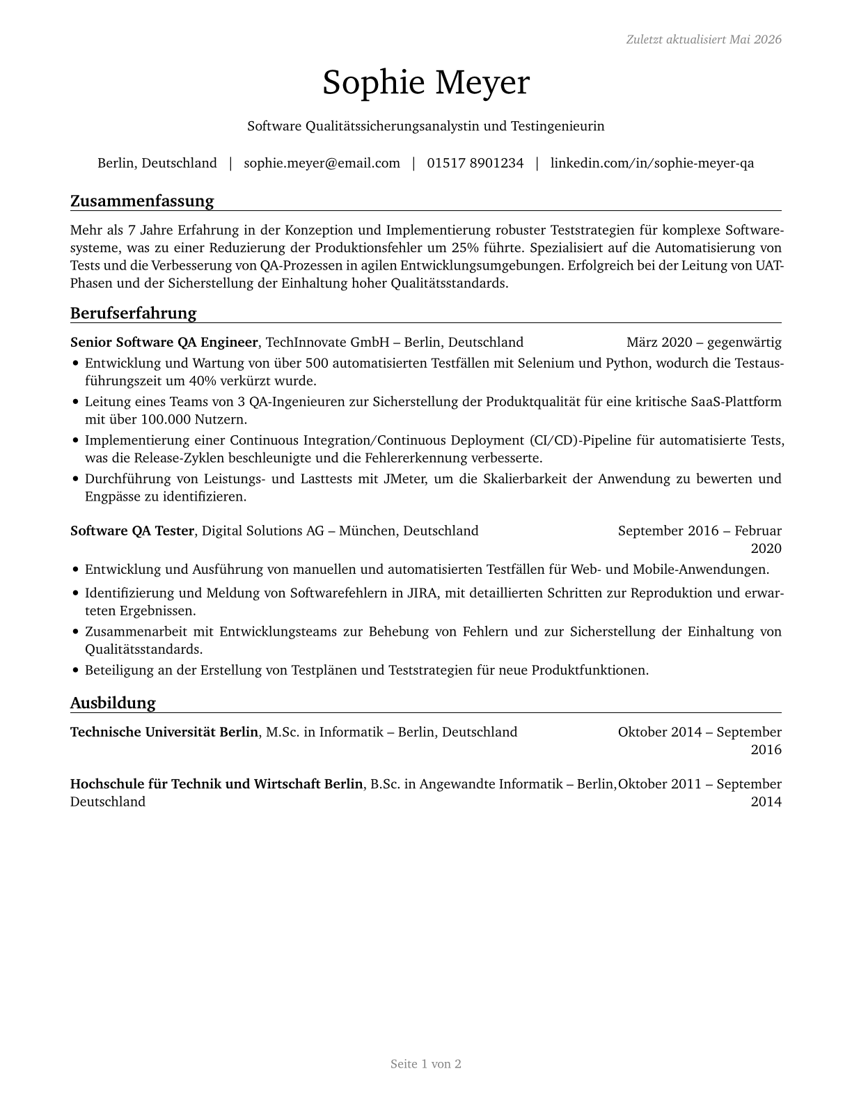 Software Quality Assurance Analysts and Testers CV in German — page 1
