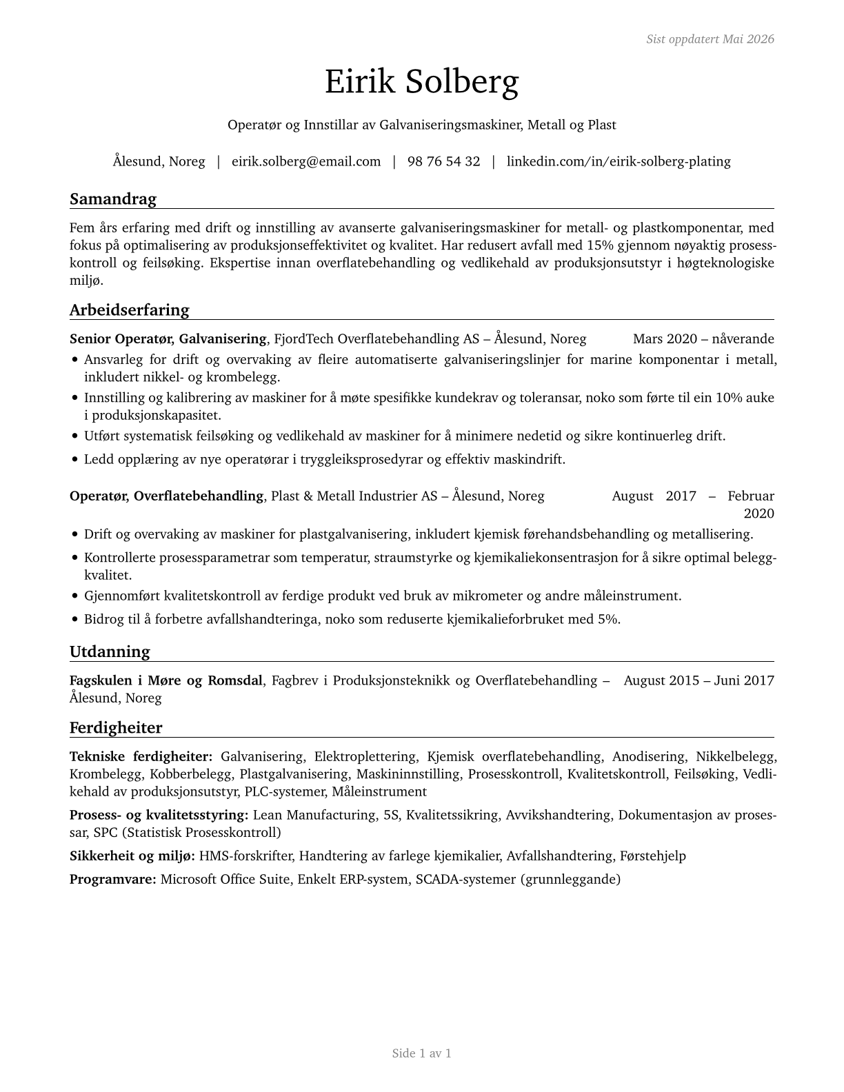 Plating Machine Setters, Operators, and Tenders, Metal and Plastic CV in Norwegian_nynorsk — page 1