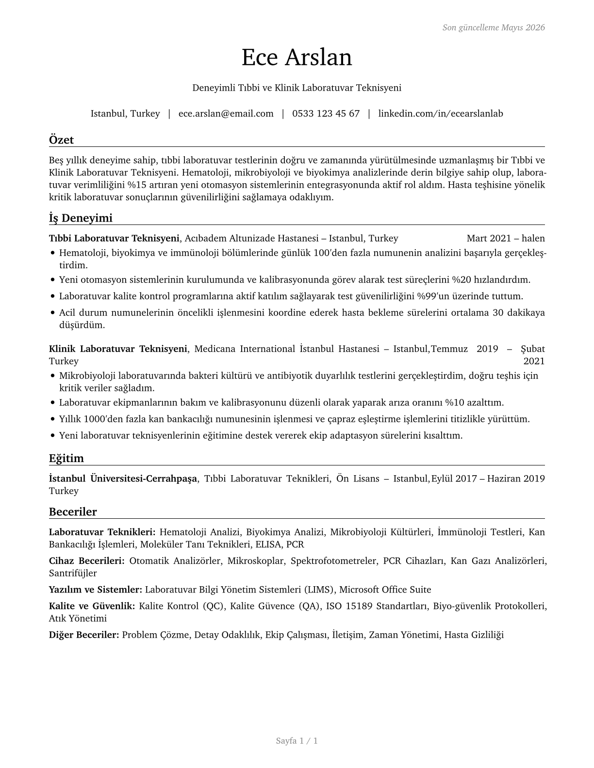 Medical and Clinical Laboratory Technicians CV in Turkish — page 1