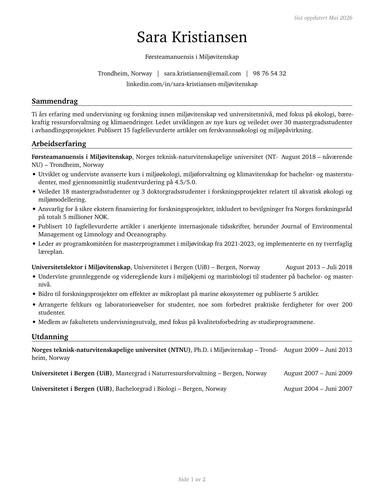 Environmental Science Teachers, Postsecondary CV in Norwegian_bokmal — page 1
